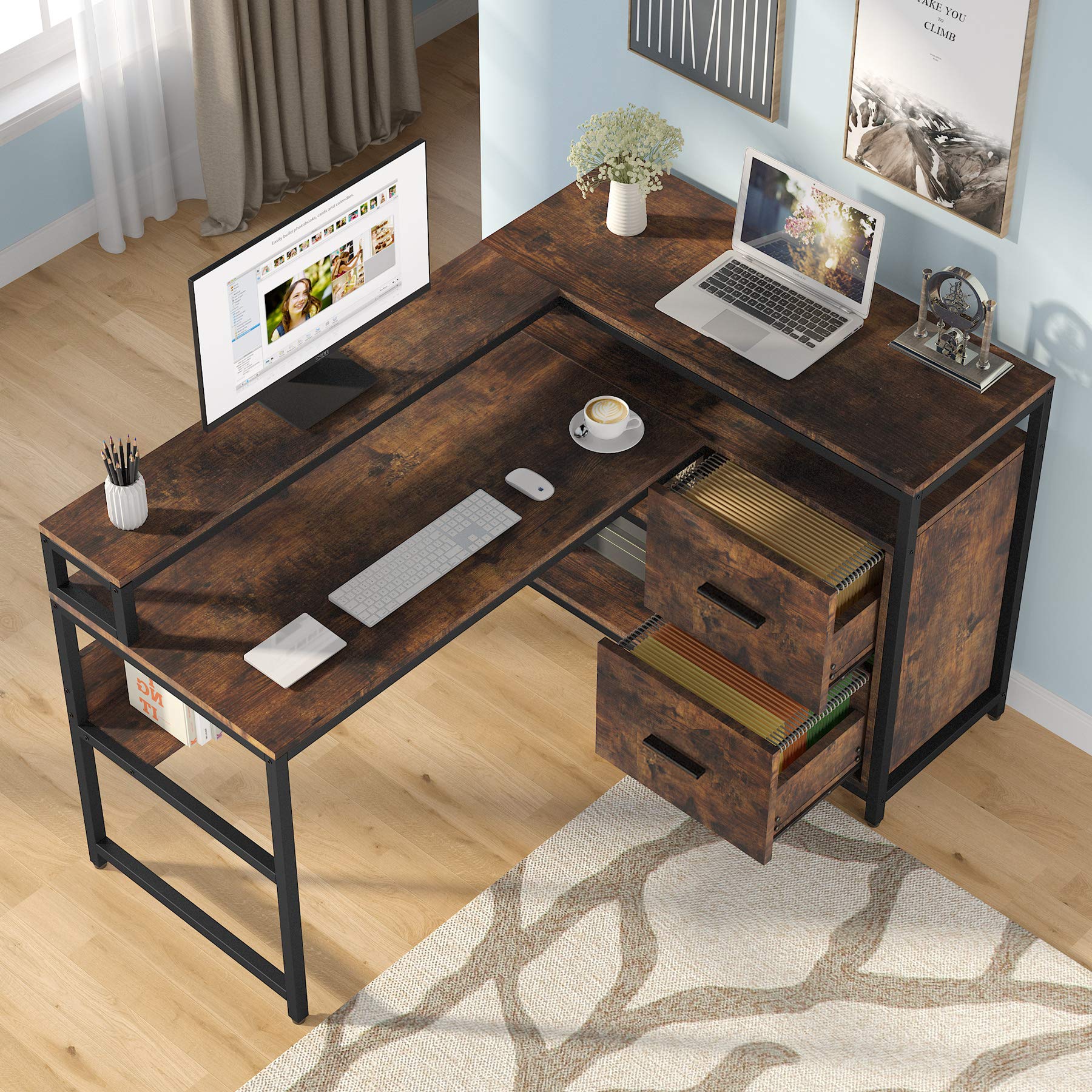 Buy Tribesigns L Shaped Computer Desk with 2 Drawers, 59 Inch LShaped