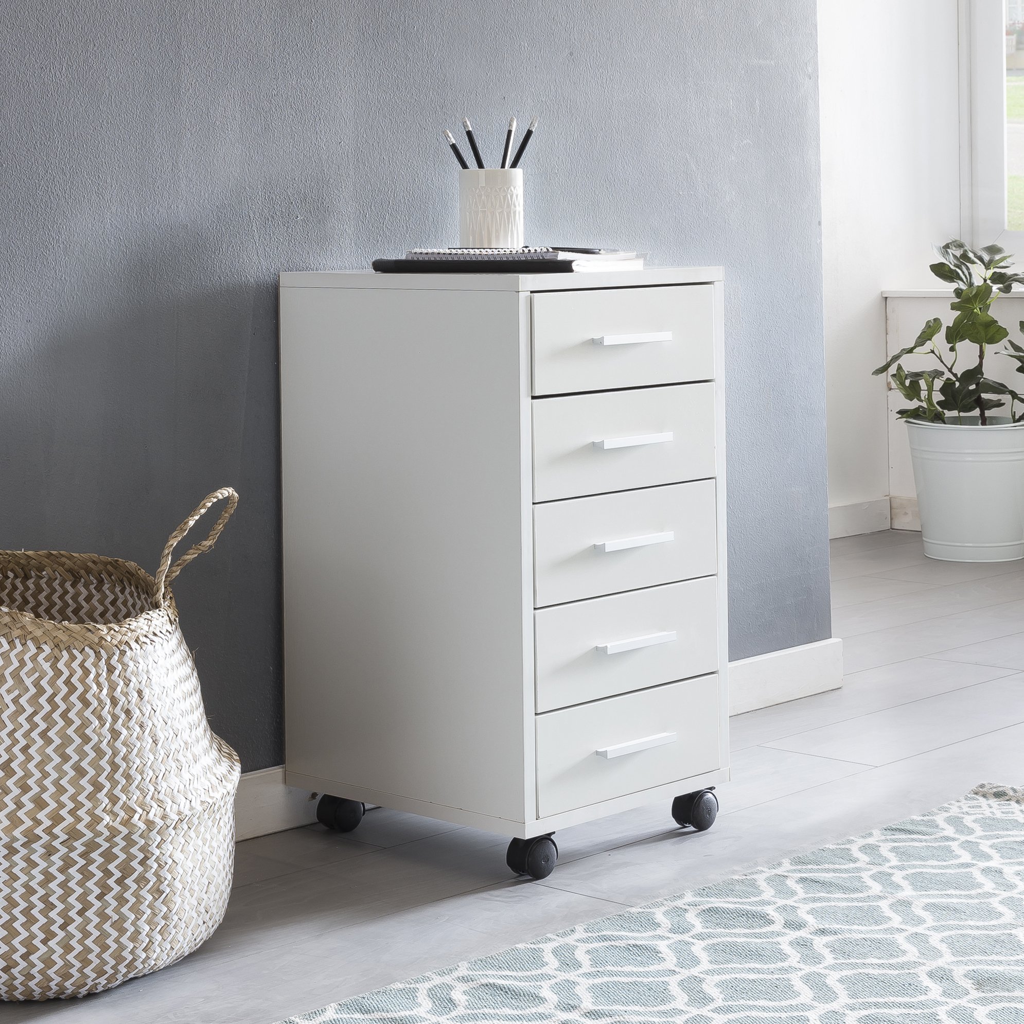 FineBuy Rollcontainer Weiß 33 x 63 x 38 cm Holz Schubladenschrank Schreibtisch, Büro Schrank mit 5 Schubladen, Container Rollschrank klein Standcontainer schmal, Schreibtischcontainer mit Rollen