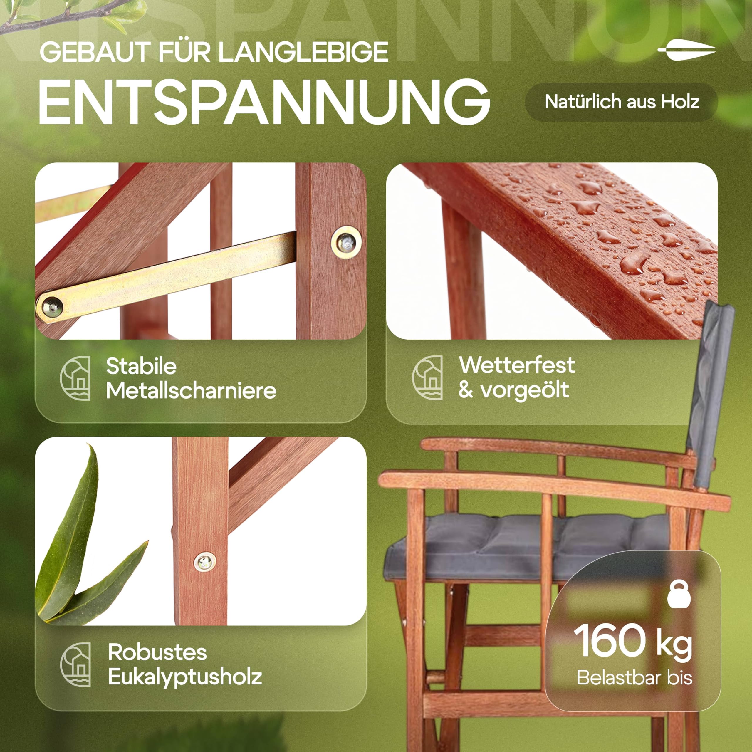 Casaria® Sedia da Regista Premium Imbottita Legno di Eucalipto Certificato FSC® Pieghevole Braccioli Tessuto Lavabile Capacità di Carico fino a 160kg Giardino Esterno Antracite