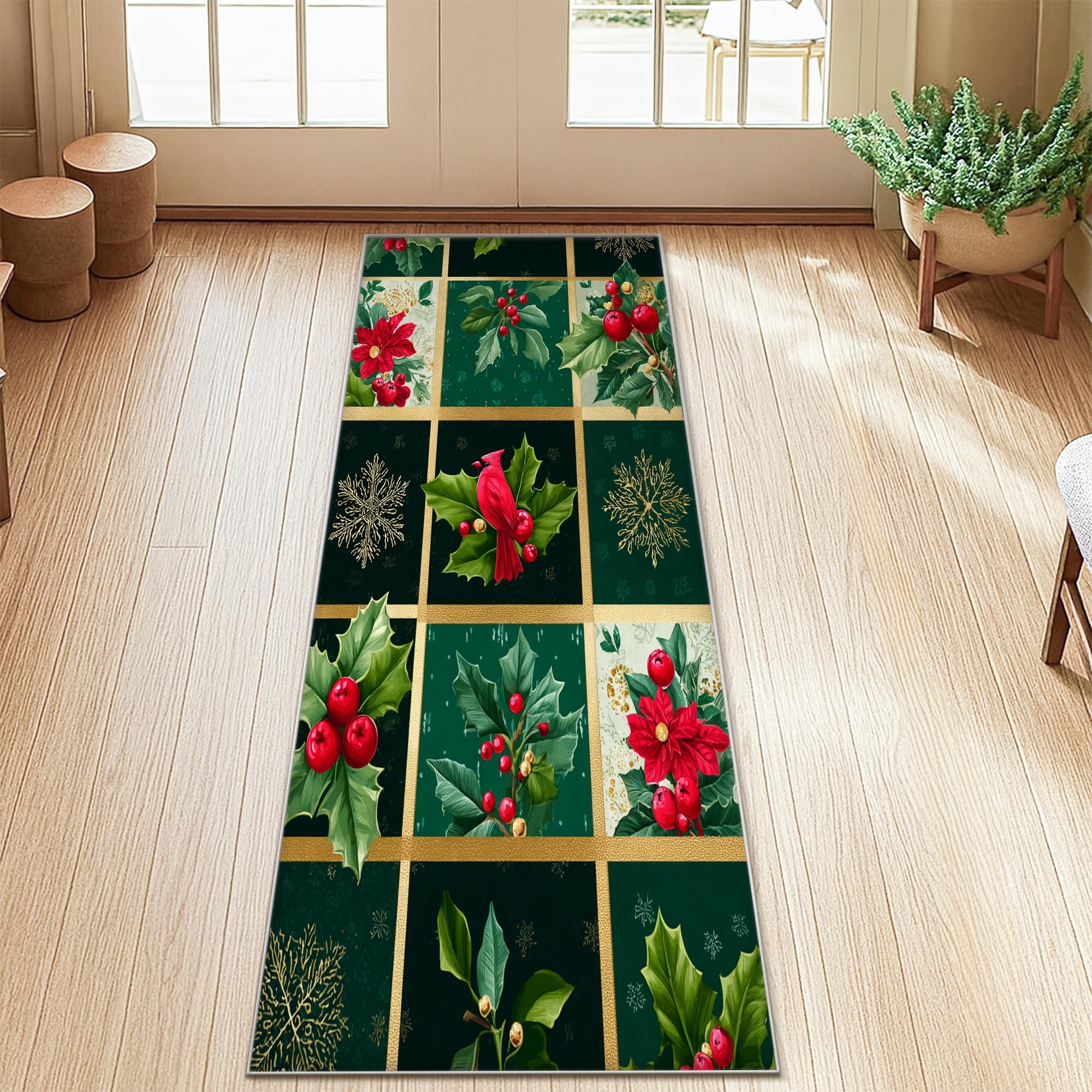 Tapis de couloir Poinsettia vert idéal pour cuisine et buanderie
