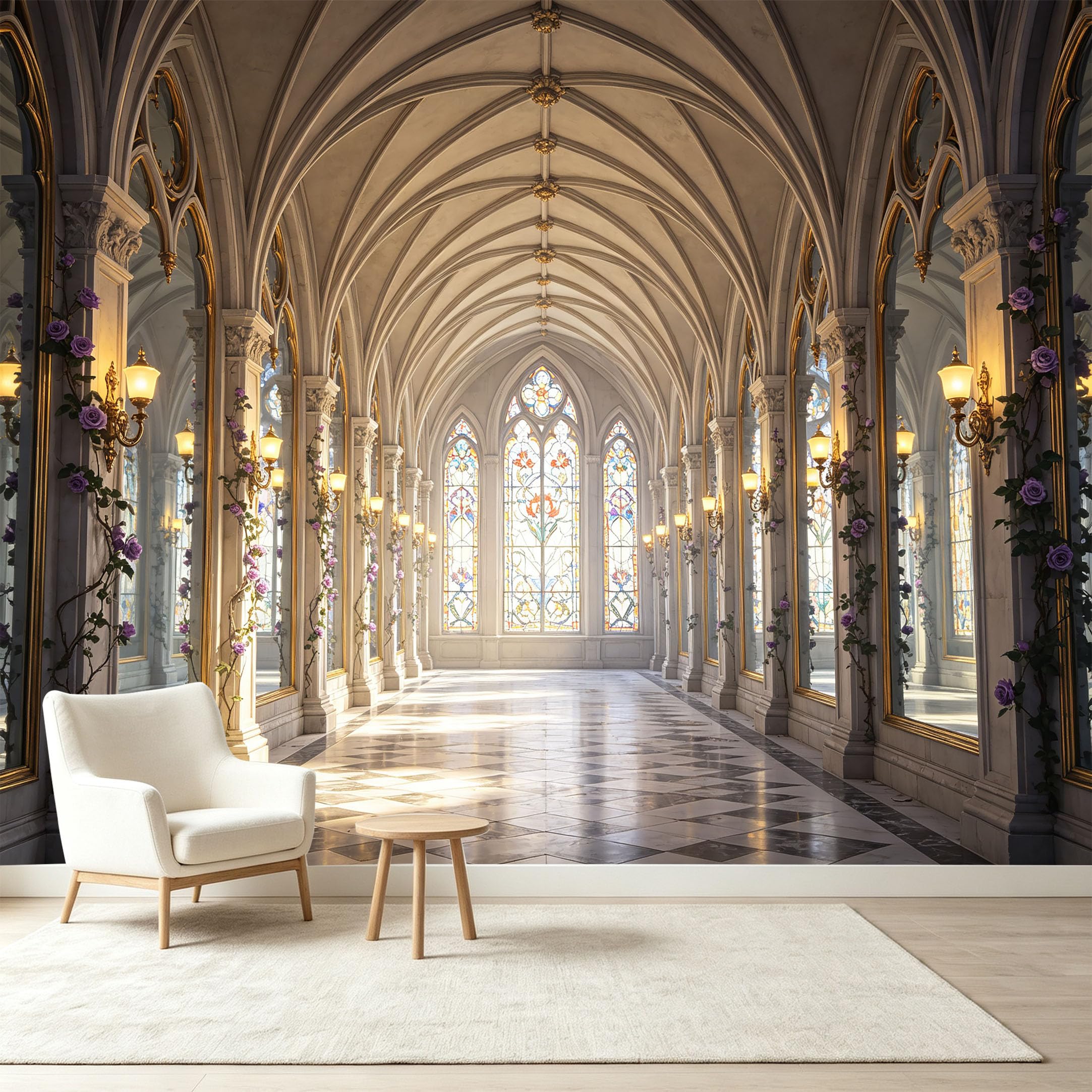 Custom Size Wall Murals Gothic Cathedral Hallway Stained Glass Rose Vines 3D Trompe L'Oeil Self-Adhesive Wall Fabric Removable Wallpaper Wall Decor for Living Room Bedroom Bathroom
