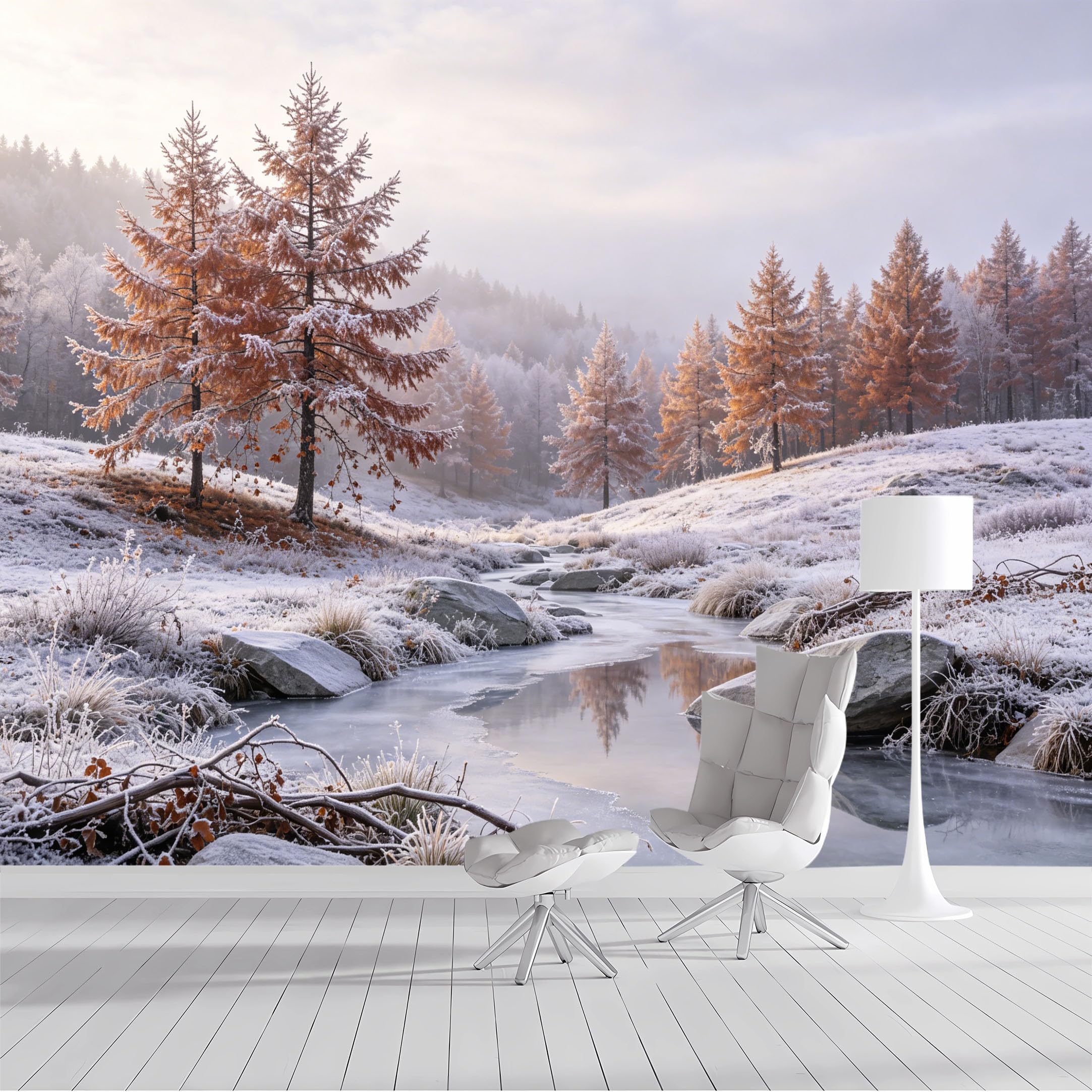 Custom Size Wall Mural Snowy Mountain Landscape Winter Forest Frosty Trees Frozen Stream Watercolor SelfAdhesive Wall Fabric Removable Wallpaper for Living Room Bedroom Bathroom