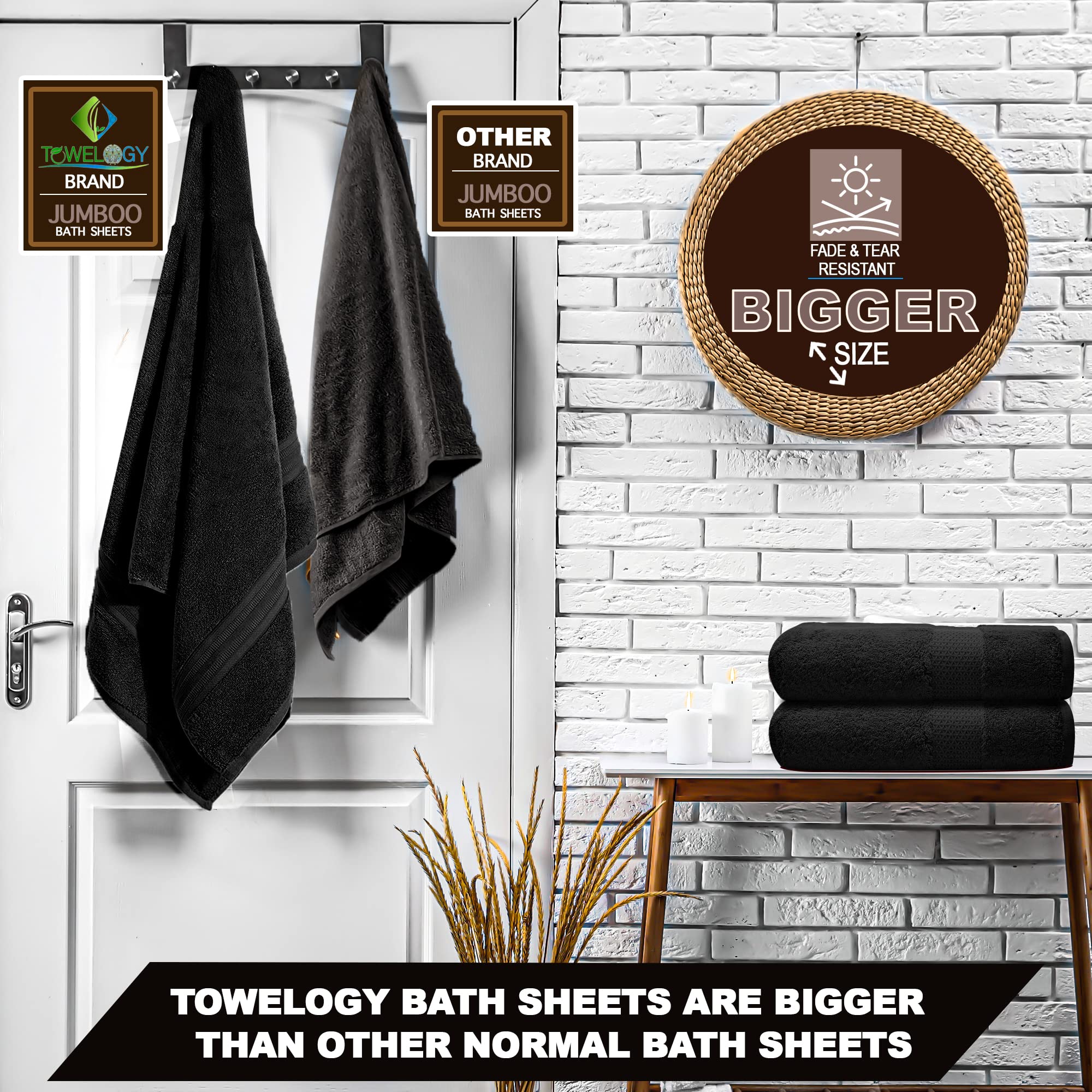 Towelogy® Premium Oversized Bath Sheets (100x180cm) 100% Egyptian Combed Cotton Quick Dry & Absorbent Extra Large Jumbo Bath Towels Hotel Quality (Black Noir - Image 3