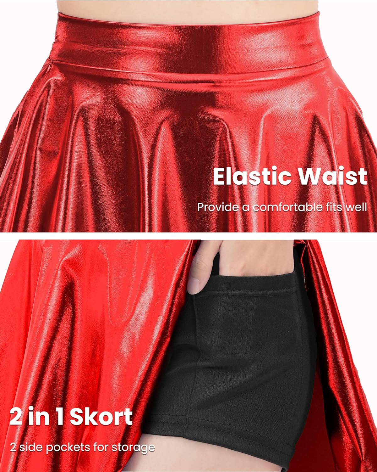 Auranso Girls Metallic Skater Skirt Sparkly Shiny Flared Pleated A-Line Mini Skort - Image 4