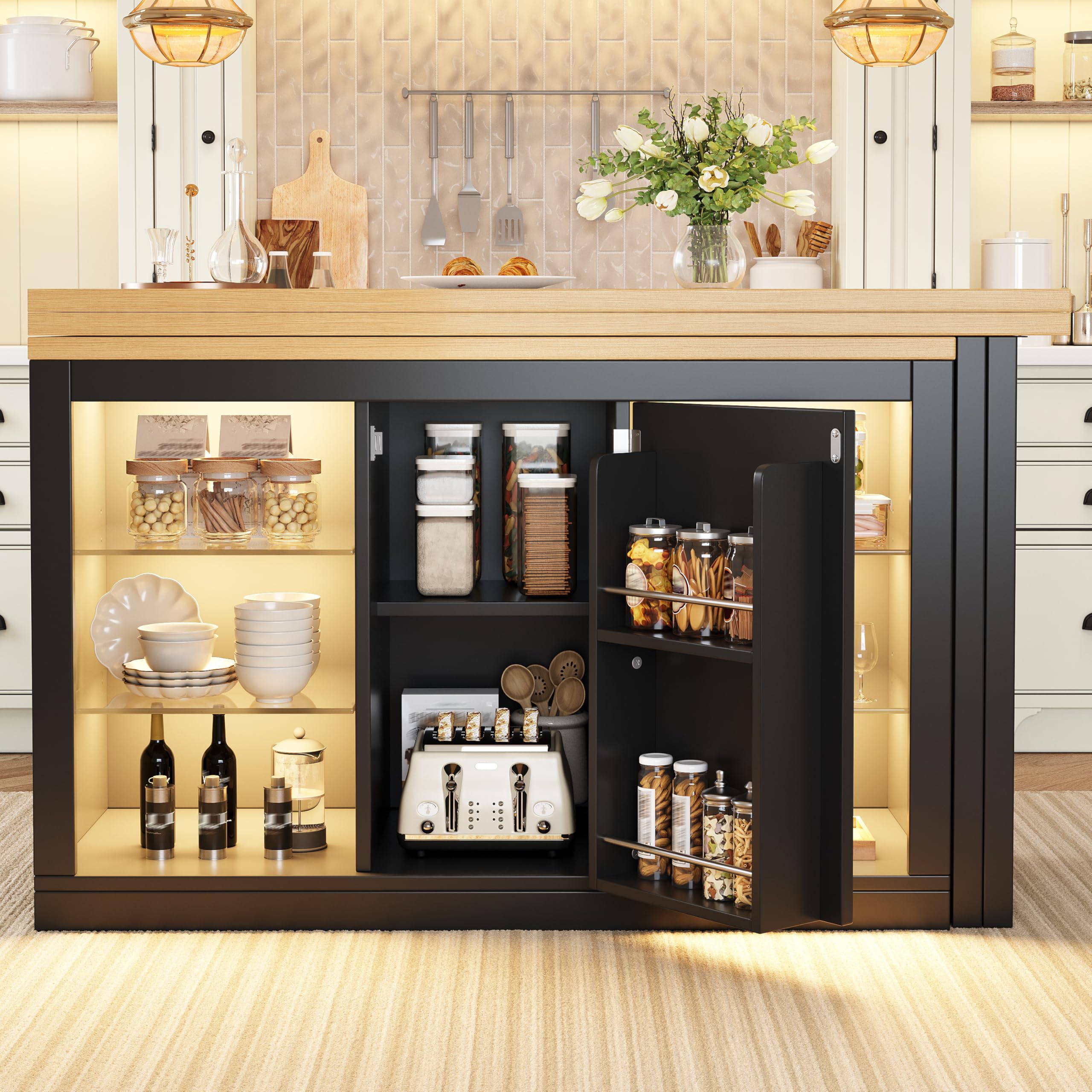 Merax Extendable LED Sideboard Kitchen Island 120–197cm Glass Storage Unit