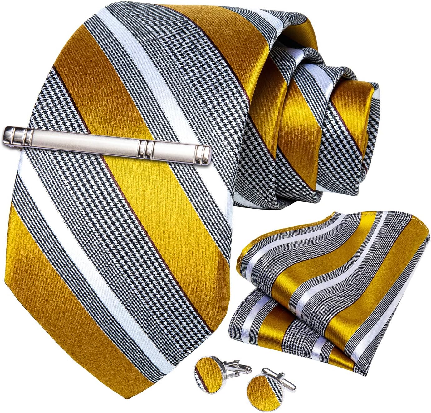 DiBanGu Mens Striped Tie Silk Woven Necktie and Pocket Square Cufflinks Tie Clip Set Wedding Business Formal Gift Tie for Men - Image 3