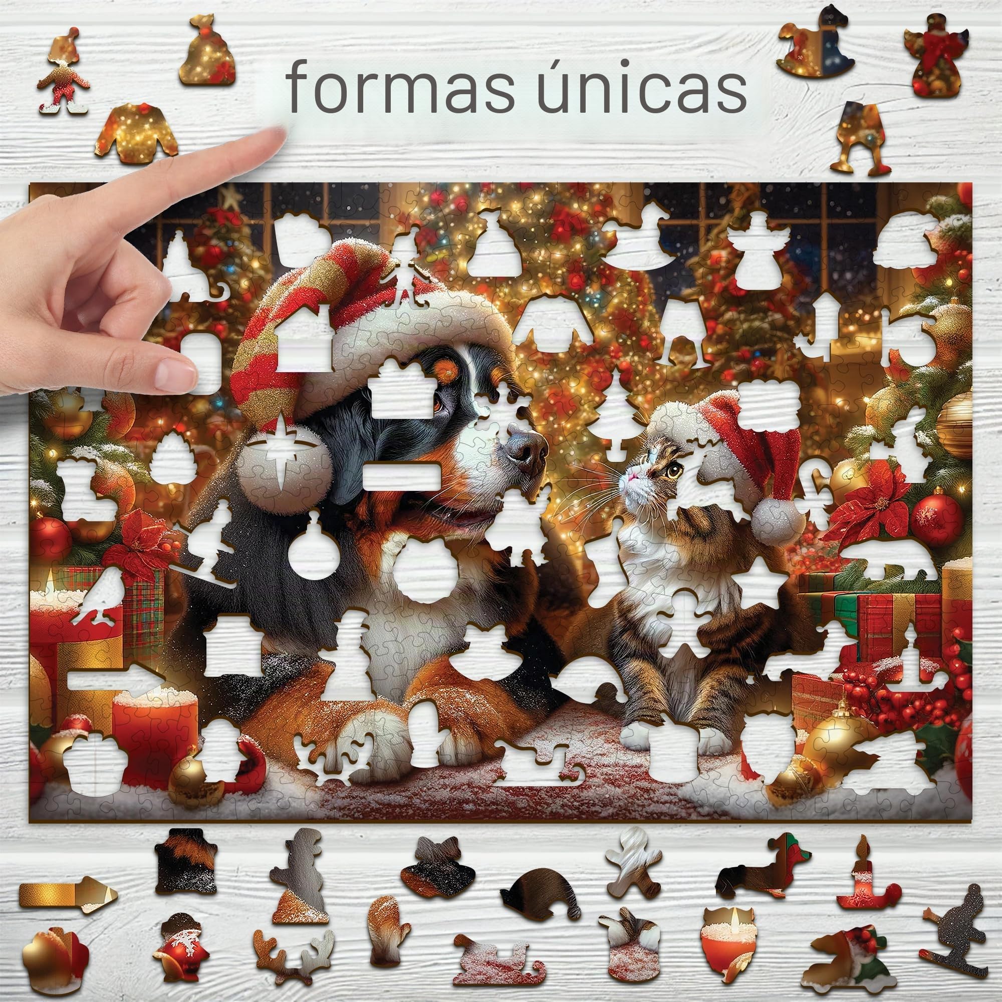 WOODEN.CITY Rompecabezas de Madera de 500 Piezas – Escena Navideña “Perro y Gato Navideños”, 50 Figuras Únicas, Corte Láser de Alta Precisión, Decoración de Temporada