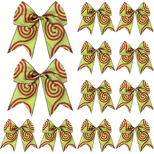 Jetec 12 Pcs Red Green Christmas Bows Decoration 6 Inch Large Christmas Wreaths Bows Xmas Tree Dot Ribbons Ornaments for Garland Wedding Party(Red and Green,Swirl Pattern)