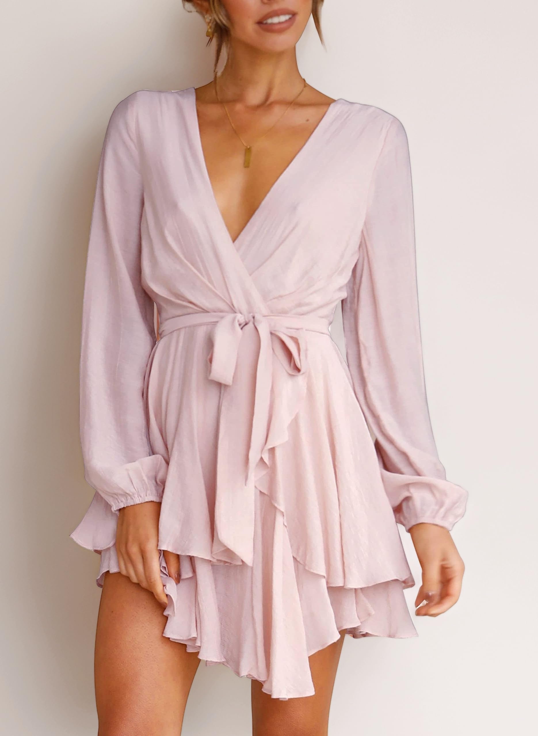 Cosonsen Womens Printed Swing Shift Dress Long Sleeve V Neck Tunic Dress