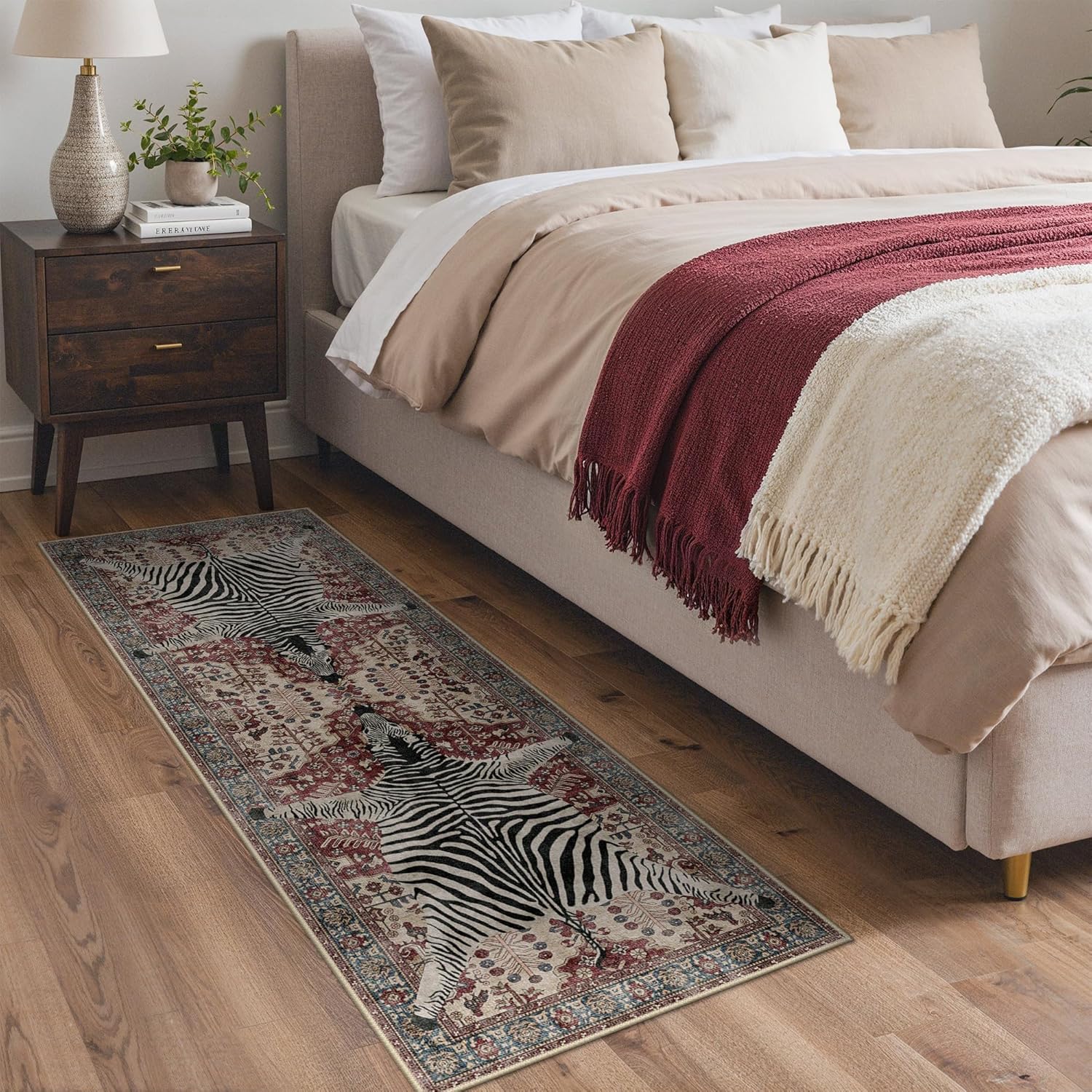 GENIMO Animal Print Area Runner Rug for Kitchen Living Room Dining Bedroom Entryway Hallway Office Bathroom - Zebra Print Non-Slip Soft Machine Washable Large Floor Rug Carpet - Red 2x7 Ft