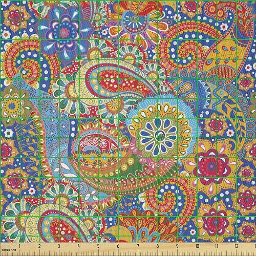 Miniatura 2 de Lunarable Asian Fabric by The Yard, Colorful Paisley Floral Pattern Classical Ornamental Medieval Art, Microfiber Fabric for Arts and Crafts