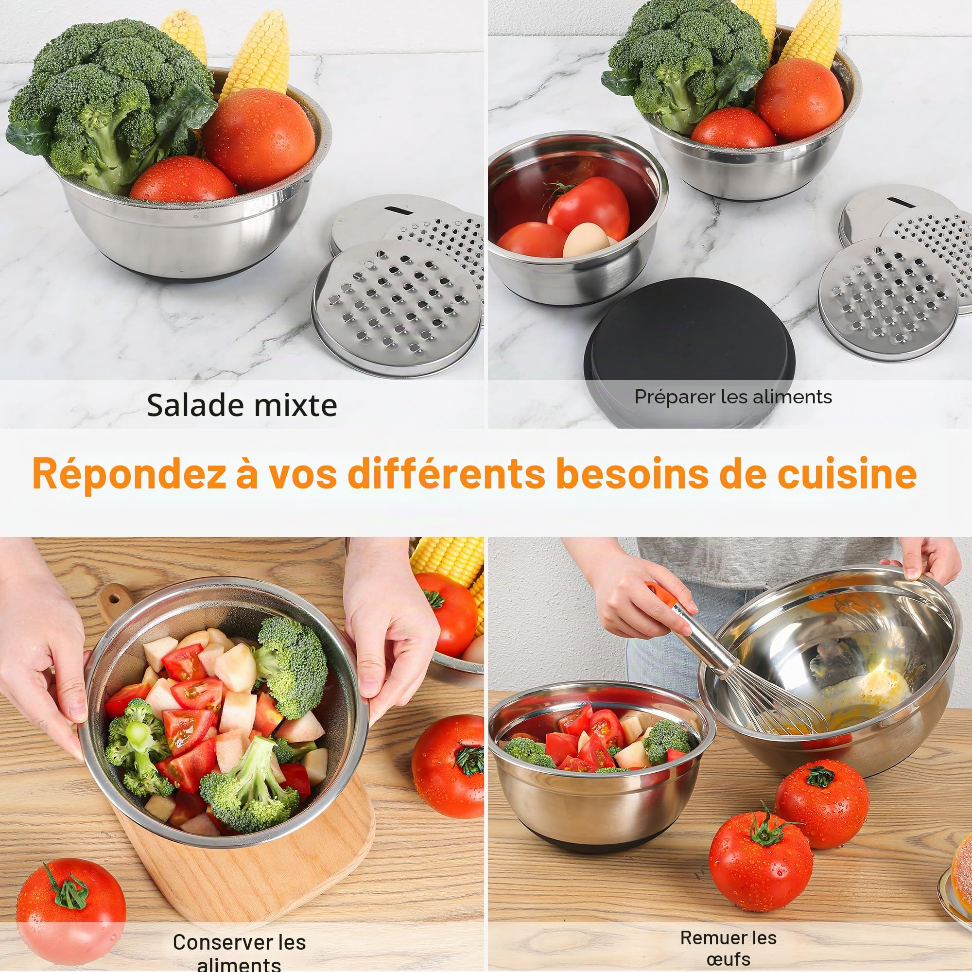 KUOGAS Lot de 5 Saladiers Avec Couvercle,cul de Poule Inox,3 Râpes, grand Saladier Inox AntidéRapant avec Couvercle, Empilable, Protection anti-éClaboussures, Passe au Lave-Vaisselle