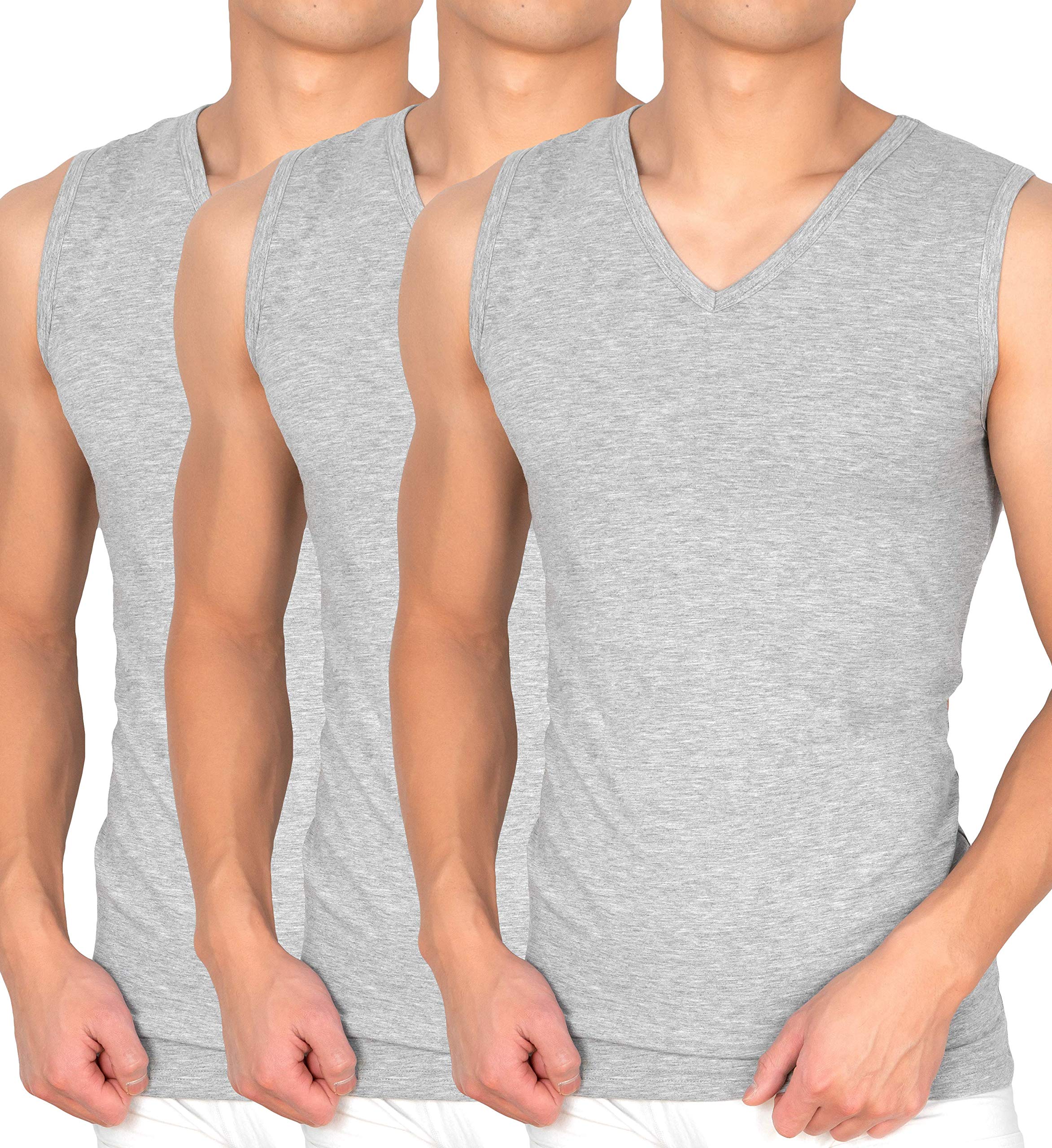 MC's Goods - Camiseta interior para hombre (3 unidades), sin mangas, con cuello de pico, elástica, de 95/5 algodón/elastano, en blanco, negro y gris, tallas S a XXL