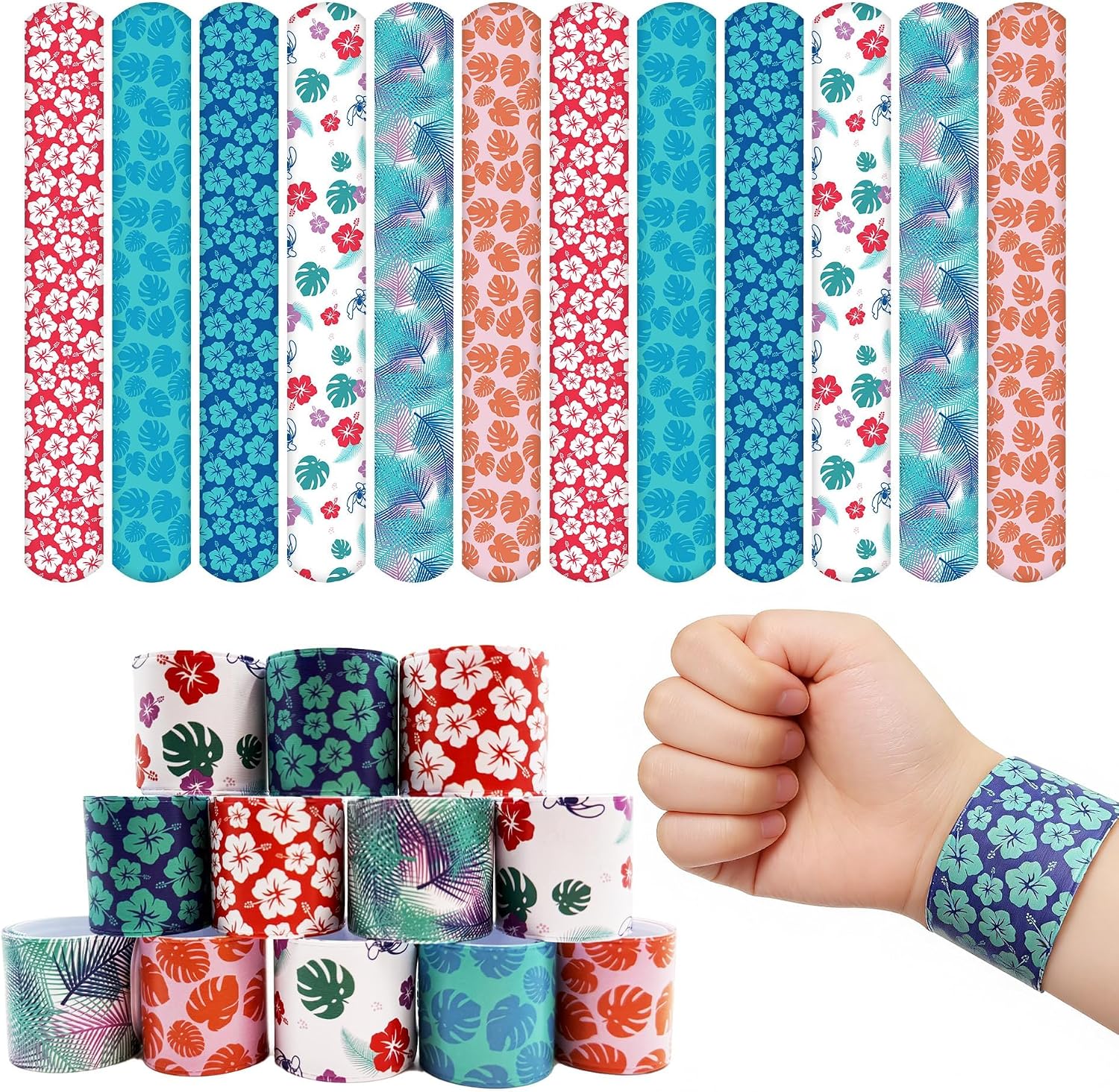 48PCS Hawaiian Themed Slap Bracelets Bulk for Cartoon Tropical Party Favor Element Palm Leaves Hibiscus Flowers Pattern Snap Slap Wristbands for Animation Birthday Party Favors Prizes Exchanging Gifts