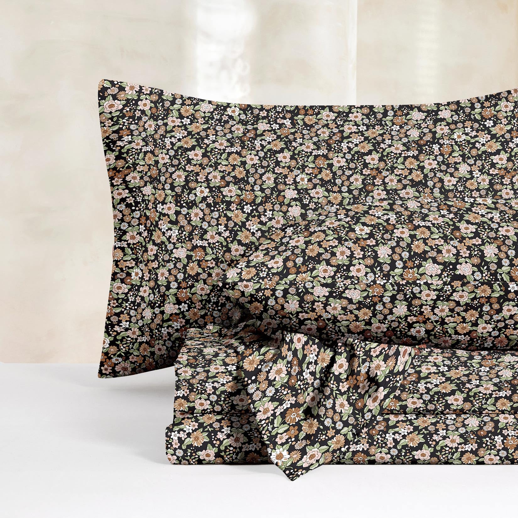 Wake In Cloud - Shabby Chic Bed Sheets 4-Piece Sheet Set Floral Flower Pattern Printed Country Coquette Cottage
