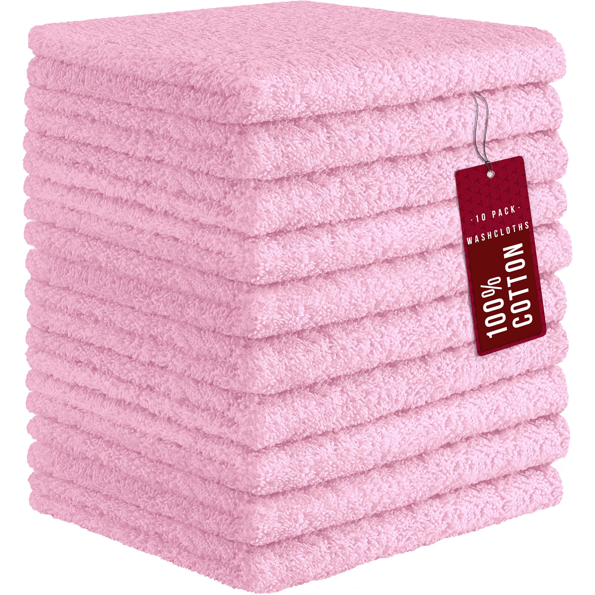 DecorRack 10 Pack 100% Cotton Wash Cloth, Luxurious Soft, 12 x 12 inch Ultra Absorbent, Machine Washable Washcloths, Light Pink (10 Pack)