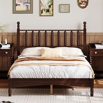 Vintage Full Size Bed Frame with Gourd Shaped Headboard, Western Wood Platform Bed with Wooden Slat Support, Under Bed Storage, No Box Spring Needed, Easy Assembly Walnut, Full