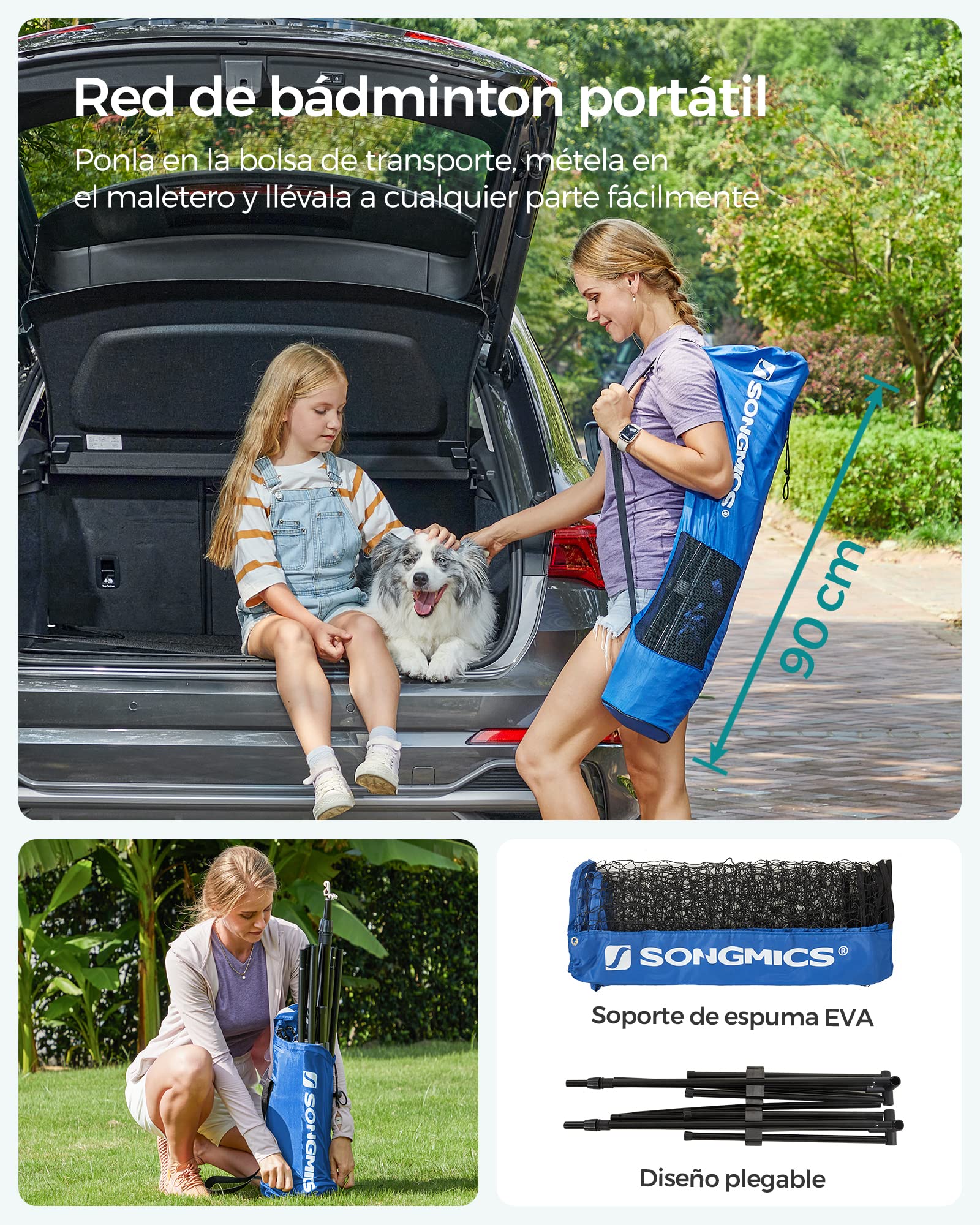 SONGMICS Red de Bádminton 4 m, Voleibol con Postes Ajustables, Portátil para Jardín, Parque, Exterior, Azul SYQ400