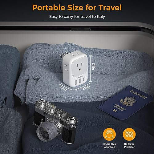 Miniatura 5 de TESSAN - Adaptador de enchufe para Italia, paquete de 2 unidades, adaptador de corriente con 4 tomacorrientes, 3 cargadores USB (1 puerto USB C),