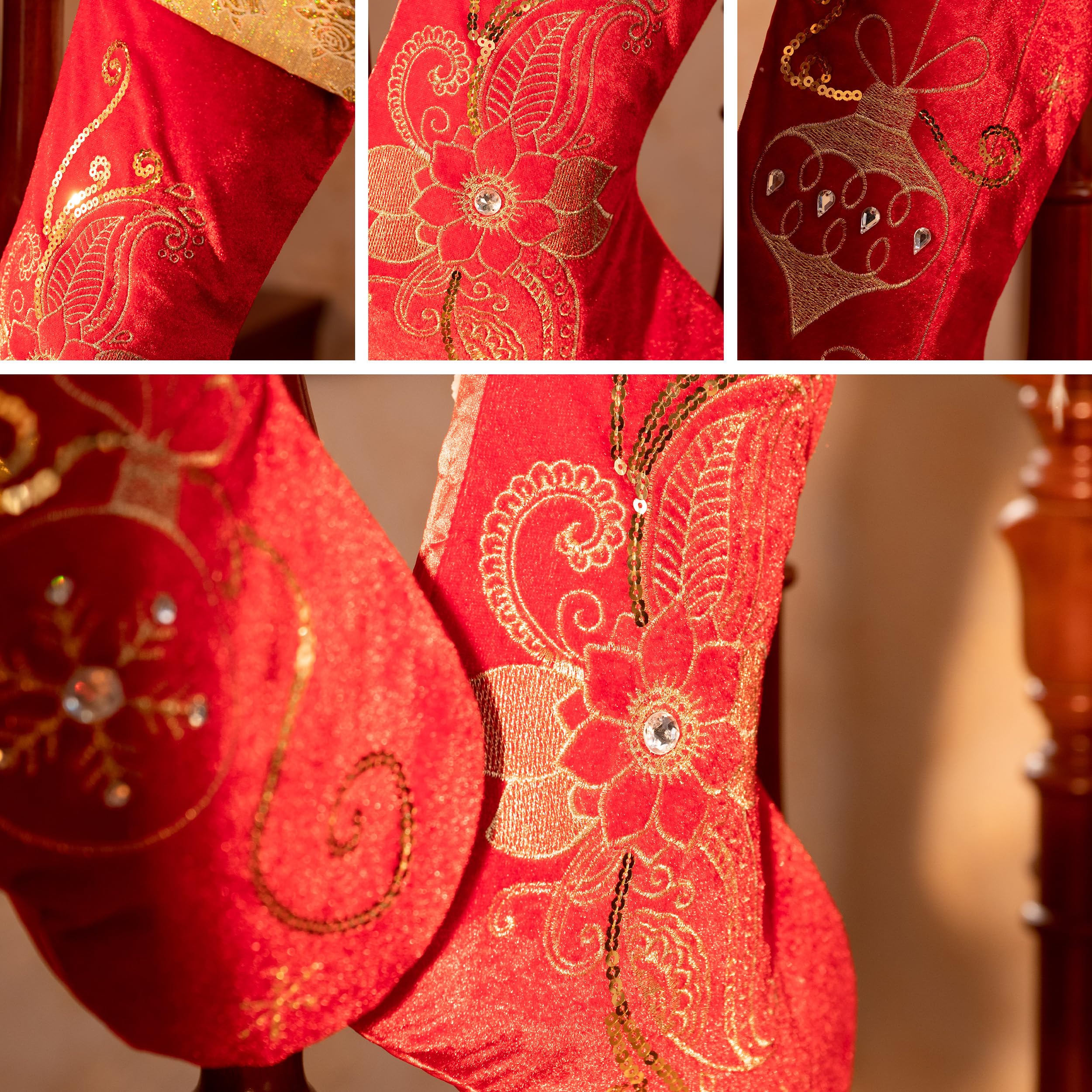 Valery Madelyn Lot de 2 chaussettes de Noël pour cadeaux et décorations de Noël, tissu de 53,3 cm, fleurs rouges et dorées brodées en peluche, ornement personnalisé à suspendre pour cheminée