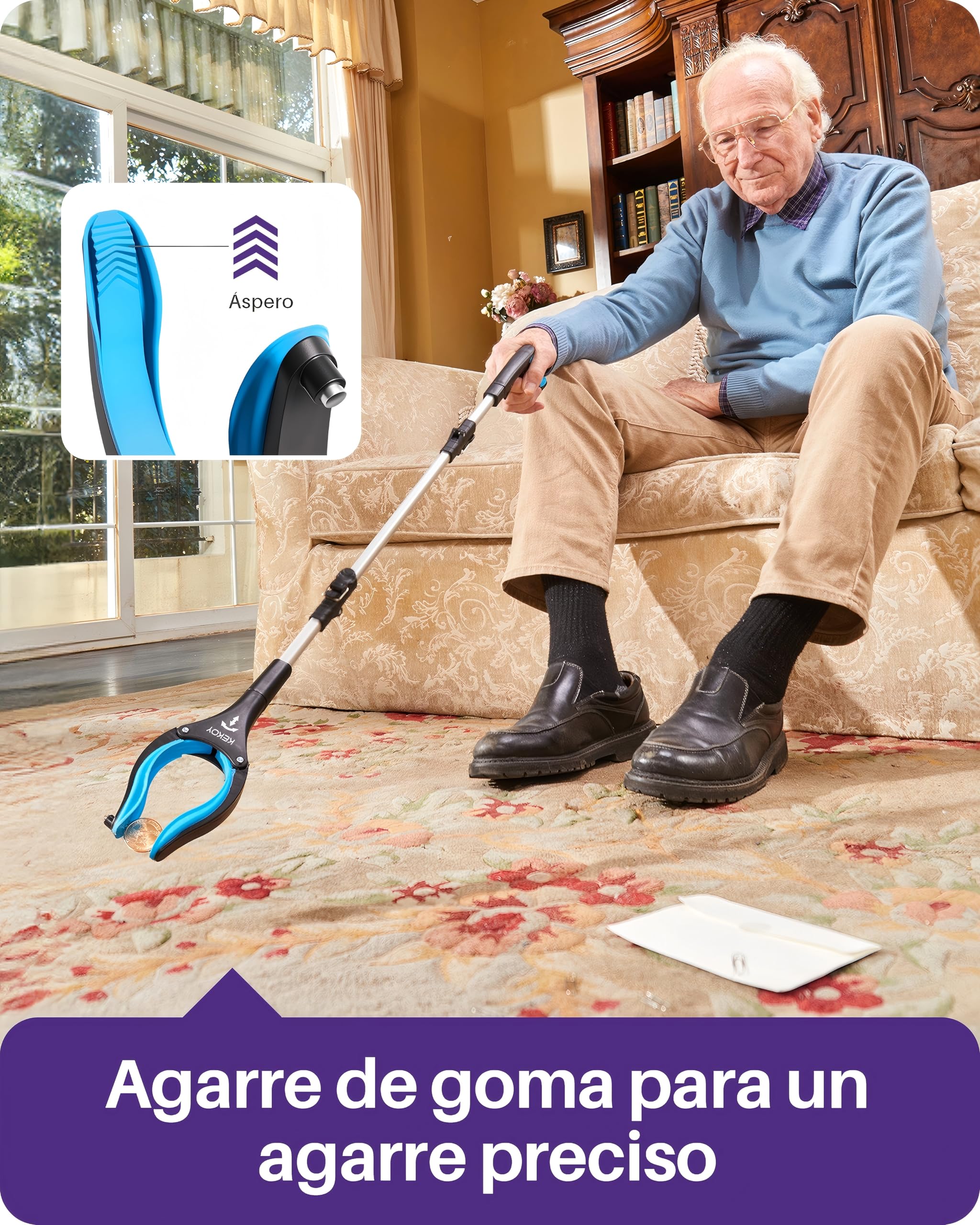 KEKOY Pinza Larga de 91 cm para Personas Mayores, Pinza Larga para Alcanzar Objetos Plegables con Pinza Antideslizante Rotatoria de 360°, Garra Extendida de 4" de Ancho con Imán (Azul,2 Piezas)