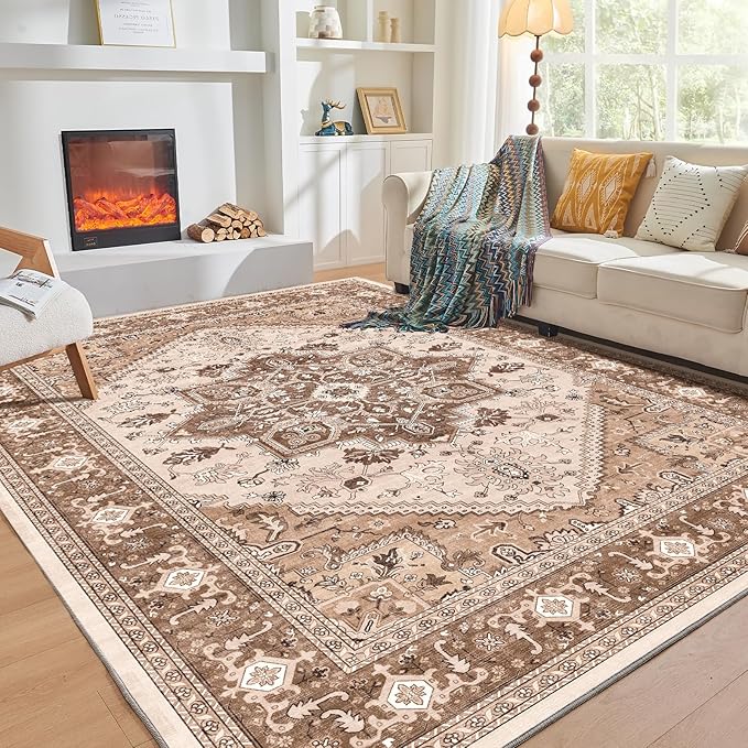 OPPODREAM Soft Area Rugs 9x12 Living Room, Washable Rugs 9x12 with Non Slip Backing, Faux Cashmere Low-Pile 9 x 12 Carpet, Khaki