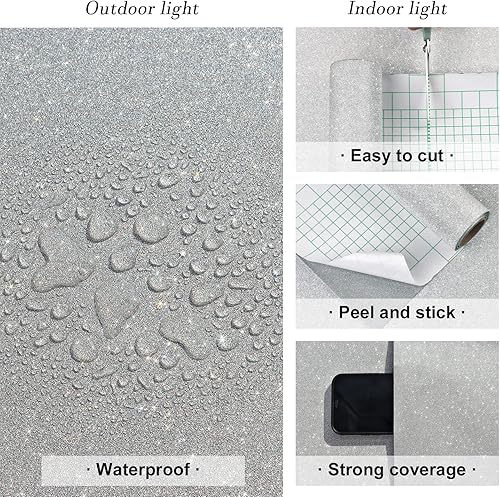 Miniatura 6 de Skyblur Papel tapiz plateado con purpurina de 24 x 118 pulgadas, para pegar y despegar, papel de contacto de vinilo brillante autoadhesivo con