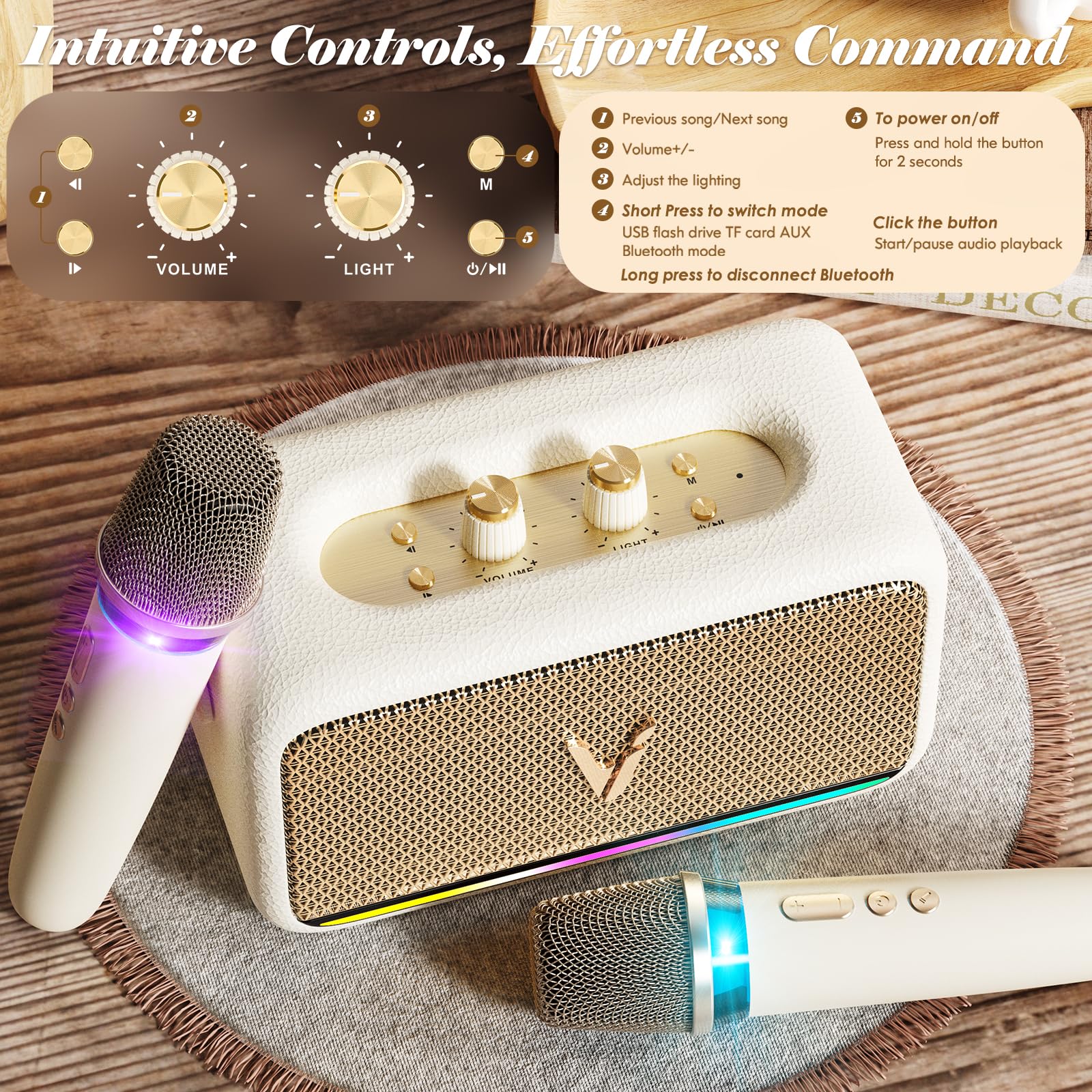 Macchina per karaoke con 2 microfoni wireless e involucro in morbida pelle, altoparlante Bluetooth portatile con 5 modalità di cambio vocale per feste a casa, supporto AUX/USB/TF, per bambini