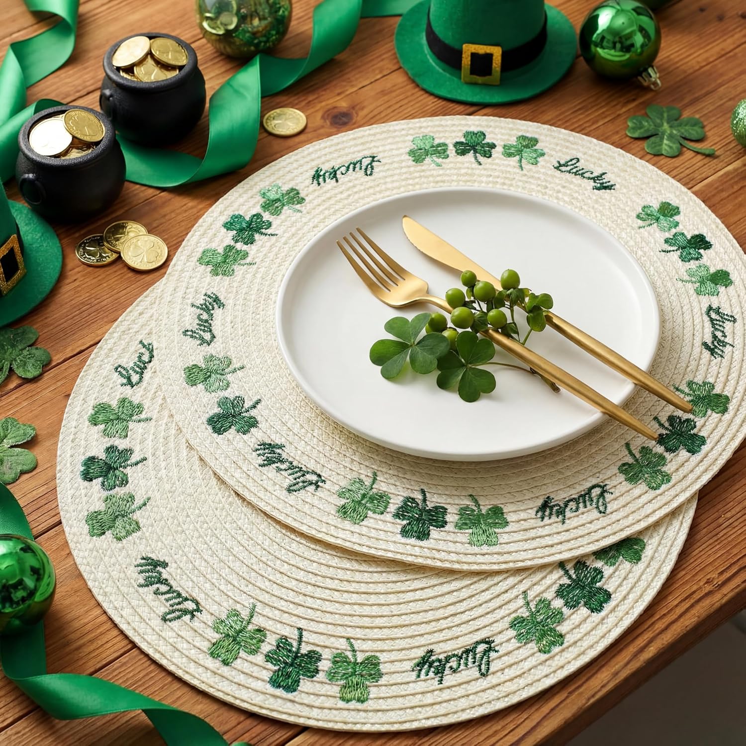 Remerry 6 Set Easter Eggs Placemats Round Embroidered Place Mats 13 Inch Washable Table Mats for Spring Holiday Seasonal Kitchen Dining Party Decoration(St. Patrick's Day)