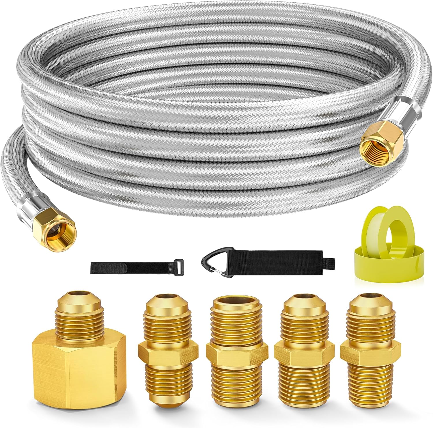NUPICK 12FT Propane Extension Hose, High Pressure Braided Stainless Steel with 3/8" Connector，Compatible with Five Brass Fittings for Heater, Fire Pit, Gas Grill, RV