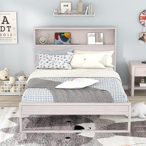 Merax Cama de plataforma de almacenamiento de tamaño matrimonial con puertos de carga USB, cabecero marco de cama de maderapatas de soporte