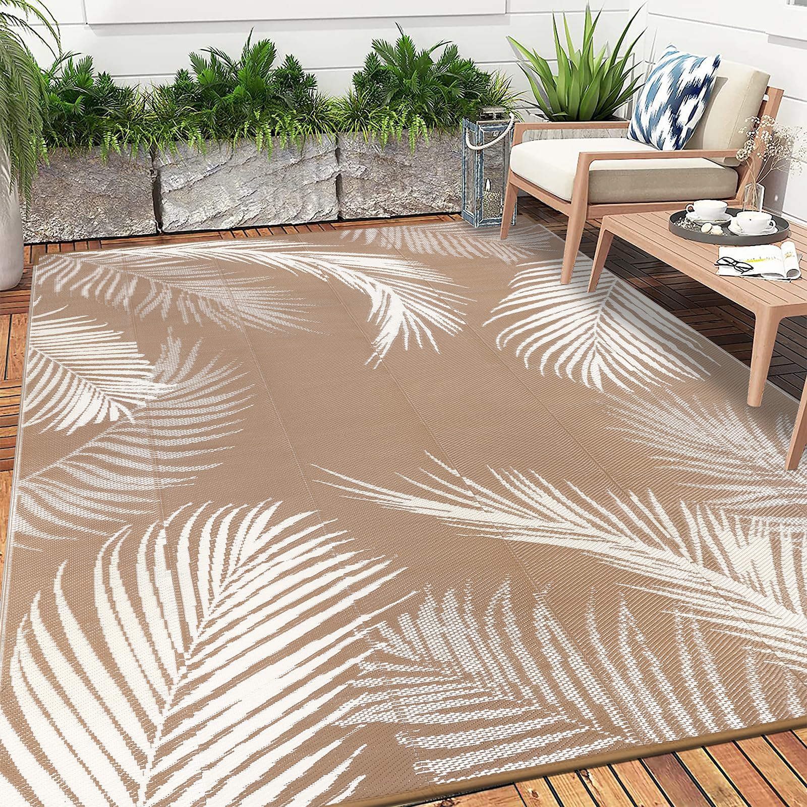 Pauwer Tapis d'extérieur imperméable réversible en paille en plastique, tapis d'extérieur pour patio, camping-car, pique-nique, jardin, terrasse, balcon, porche - 2,4 x 3 m