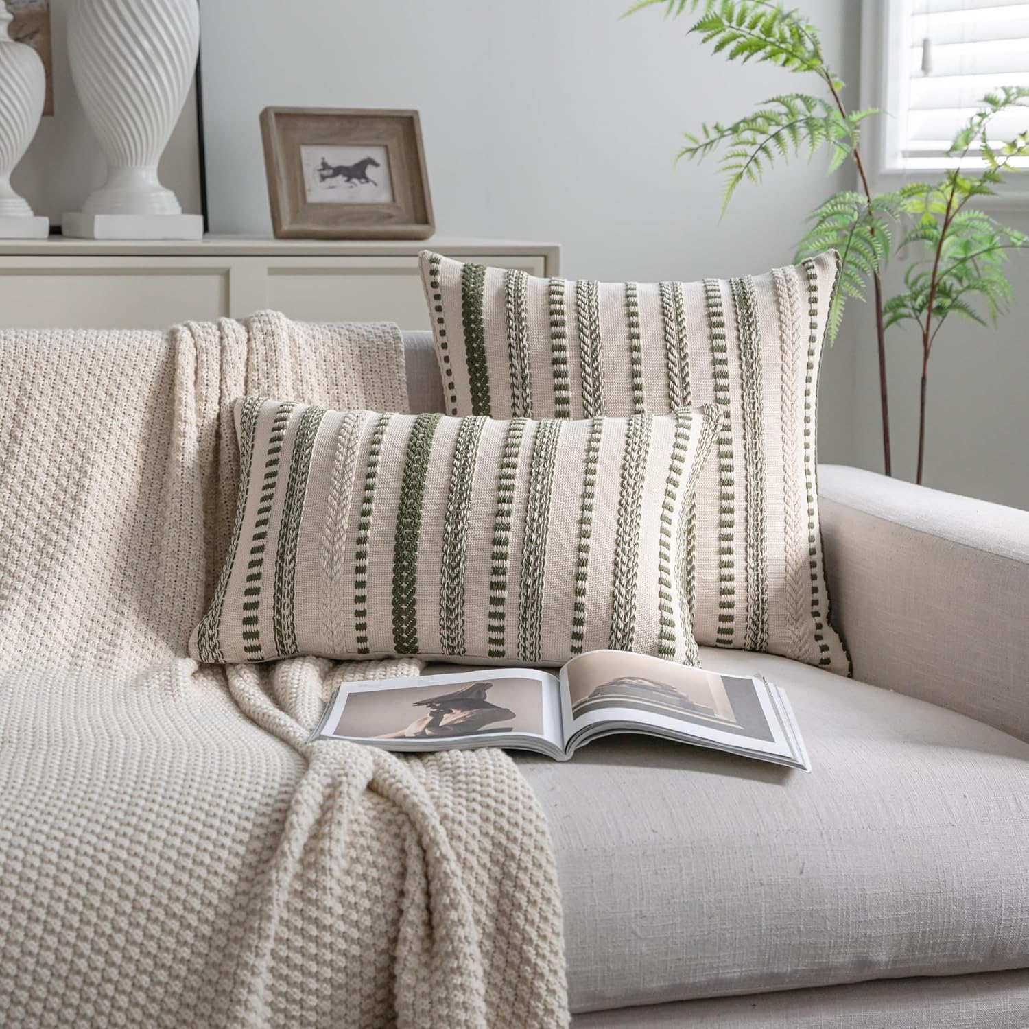 Cethom Green Boho Throw Pillow Covers 12x20 Inch Set of 2, Stripe Textured Decorative Couch Pillow Cases for Bed, Sofa, Living Room, Bedroom, Farmhouse Home Accent Cushion Covers