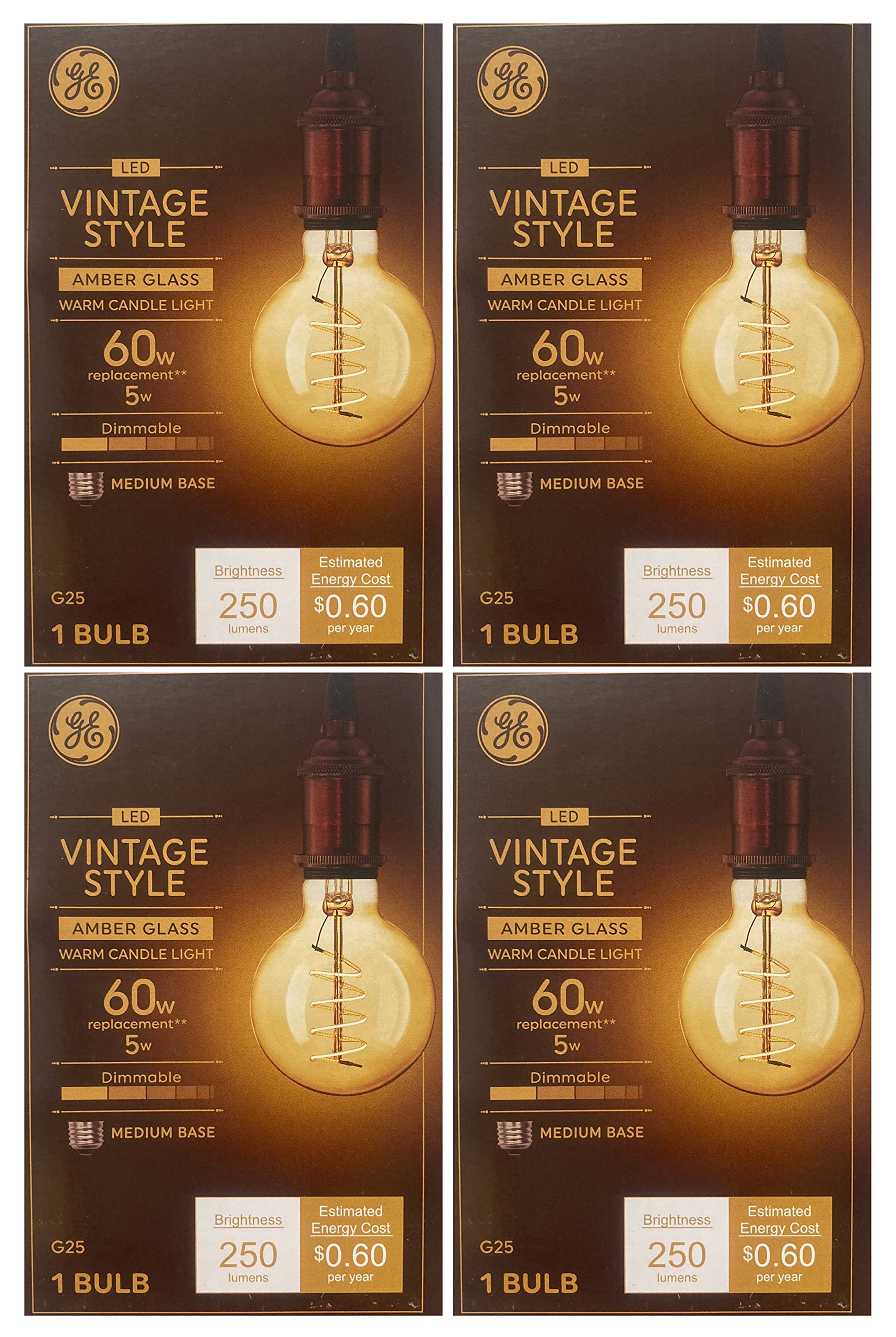 GE (case of 4 Bulbs) 36731 Vintage Style LED Light Bulb, G25 Globe, Amber Finish, Joyously Meandering Spiral Filament, Medium Base, Dimmable