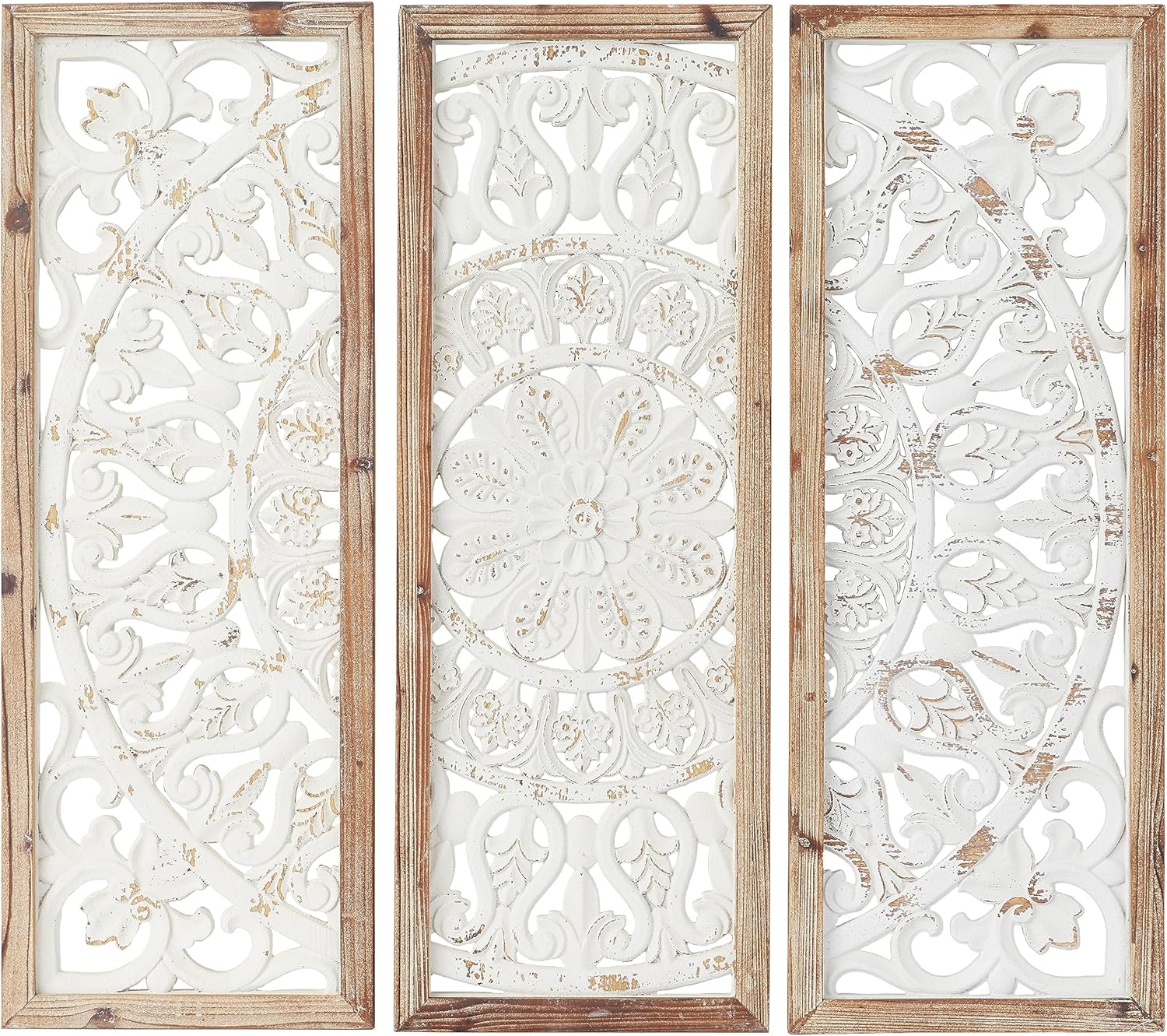 Deco 79 Wood Floral Home Wall Decor Intricately Carved Wall Sculpture with Mandala Design, Set of 3 Wall Art 35", 35", 35"H, White