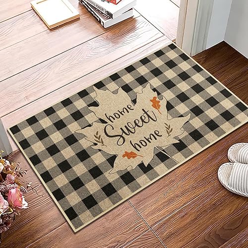 Miniatura 2 de Arttown Tapete para puerta de otoño con hojas de arce, tapete de bienvenida con texto en inglés Autumn Blessed, tapete de rejilla de búfalo, tapete