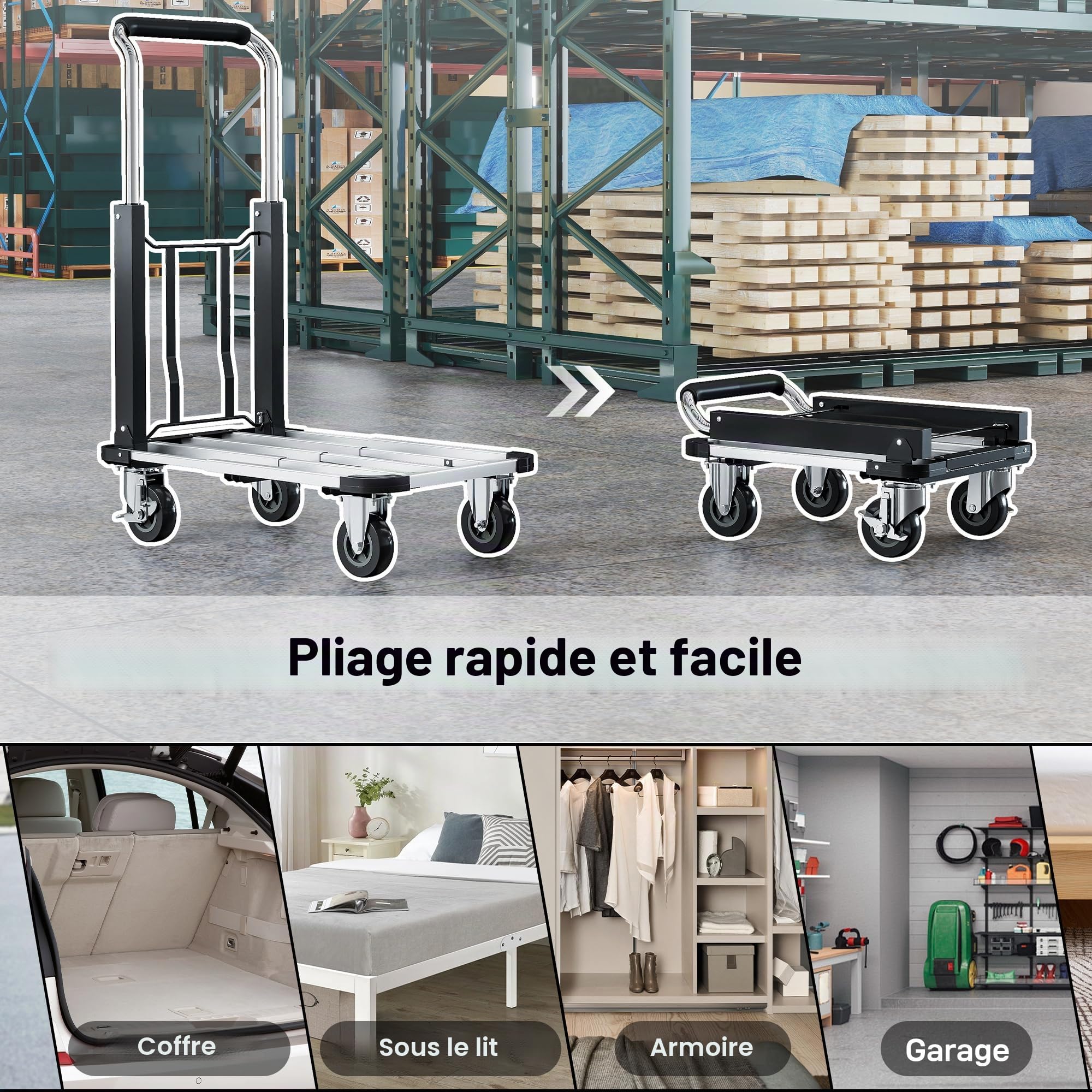 HOMCOM Chariot de transport pliable 150 kg avec frein de stationnement, plate-forme extensible et poignée réglable, aide au transport avec roulettes pivotantes, argenté
