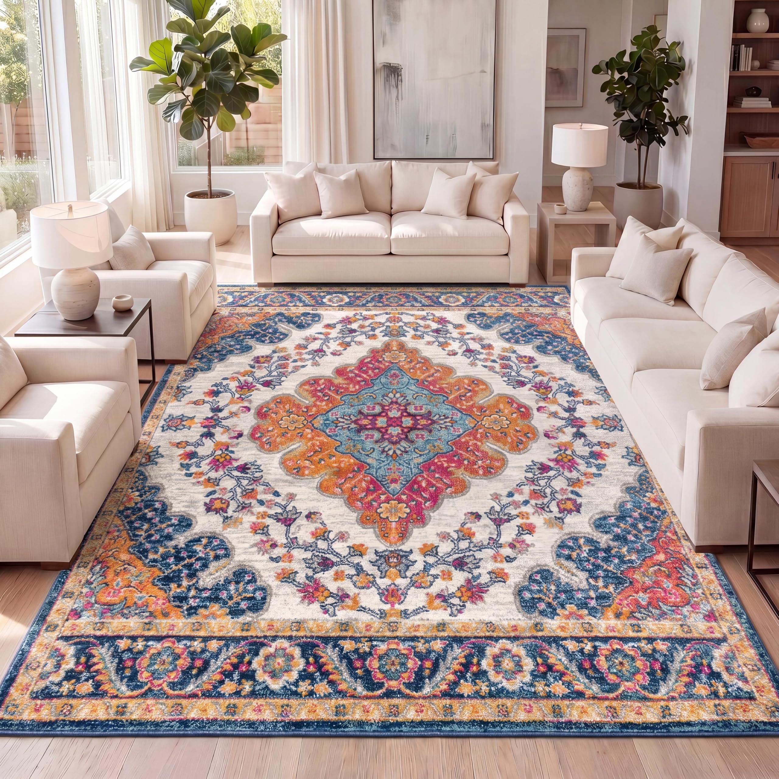 JONATHAN Y Boho Vintage Blue/Multi Indoor Area Rug, 3x5, Bohemian Flair Medallion, Floral Easy-Cleaning High Traffic for Living Room, Bedroom, Kitchen, Pet-Friendly, Non-Shedding (BMF106A-3)