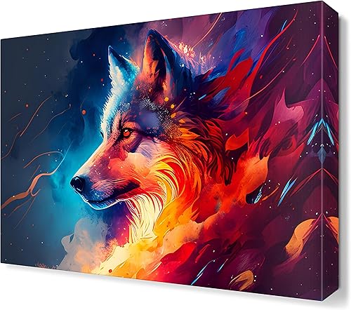 Cuadro De Pared De Sala - Acuarela Animal Lobo Bajo las Estrellas  Lienzo abstracto para pared, decoración de la cocina y casa, póster e impresiones