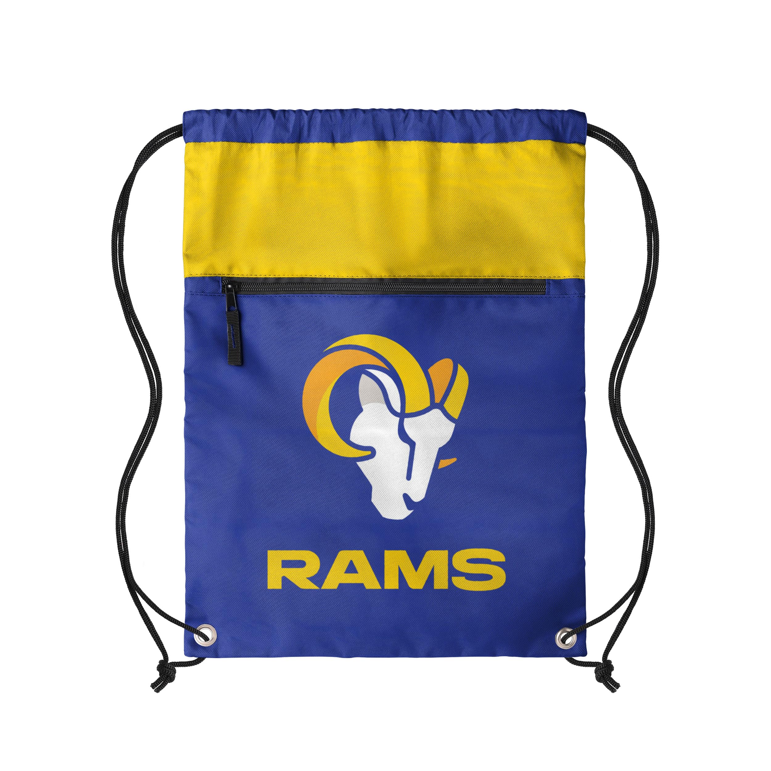 FOCO NFL Officially Licensed Unisex Team Color Football Primary Logo Wordmark Drawstring Backpack With Zippered Pocket, Los Angeles Rams, One Size, Daypack Backpacks