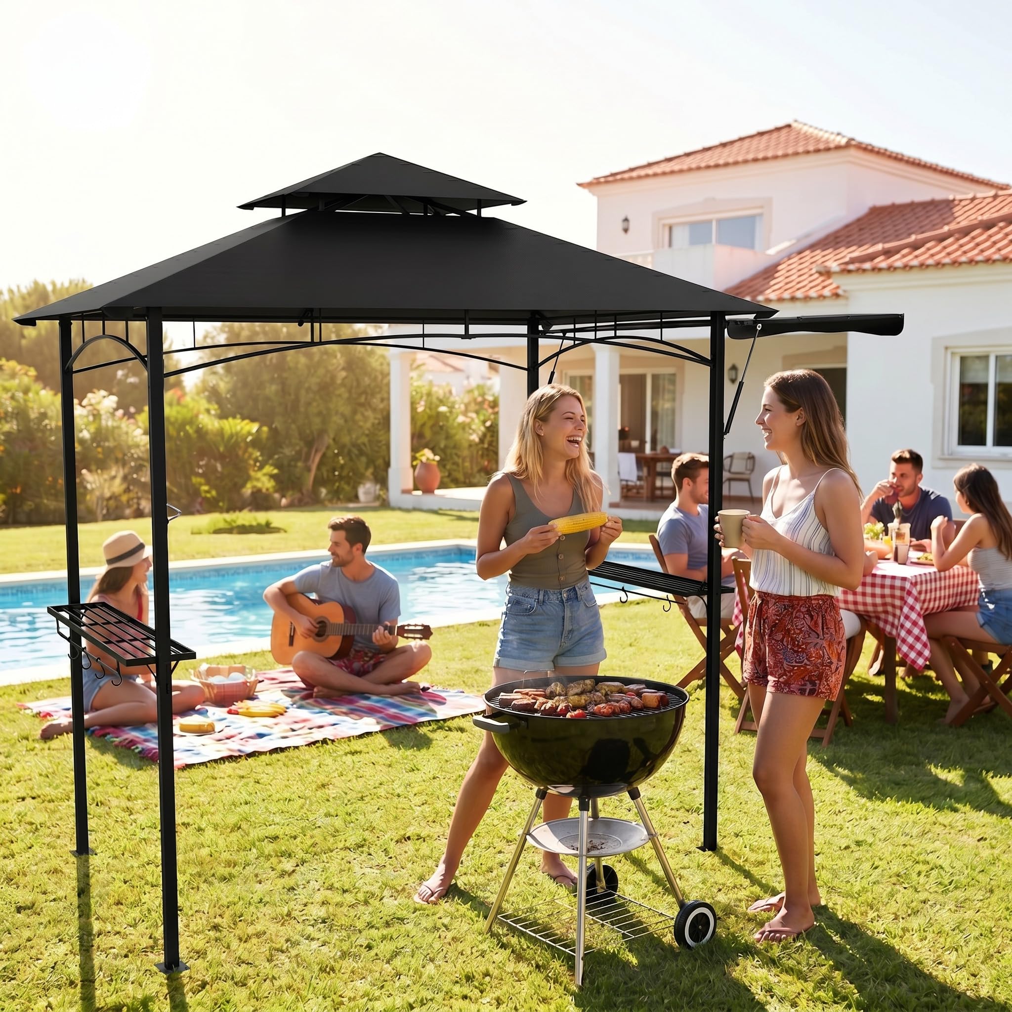 Tonnelle pour barbecue noire avec double toit et store latéral escamotable, 245x141 cm - Tonnelle pour barbecue avec cadre en métal et étagères pratiques, abris de jardin résistants aux