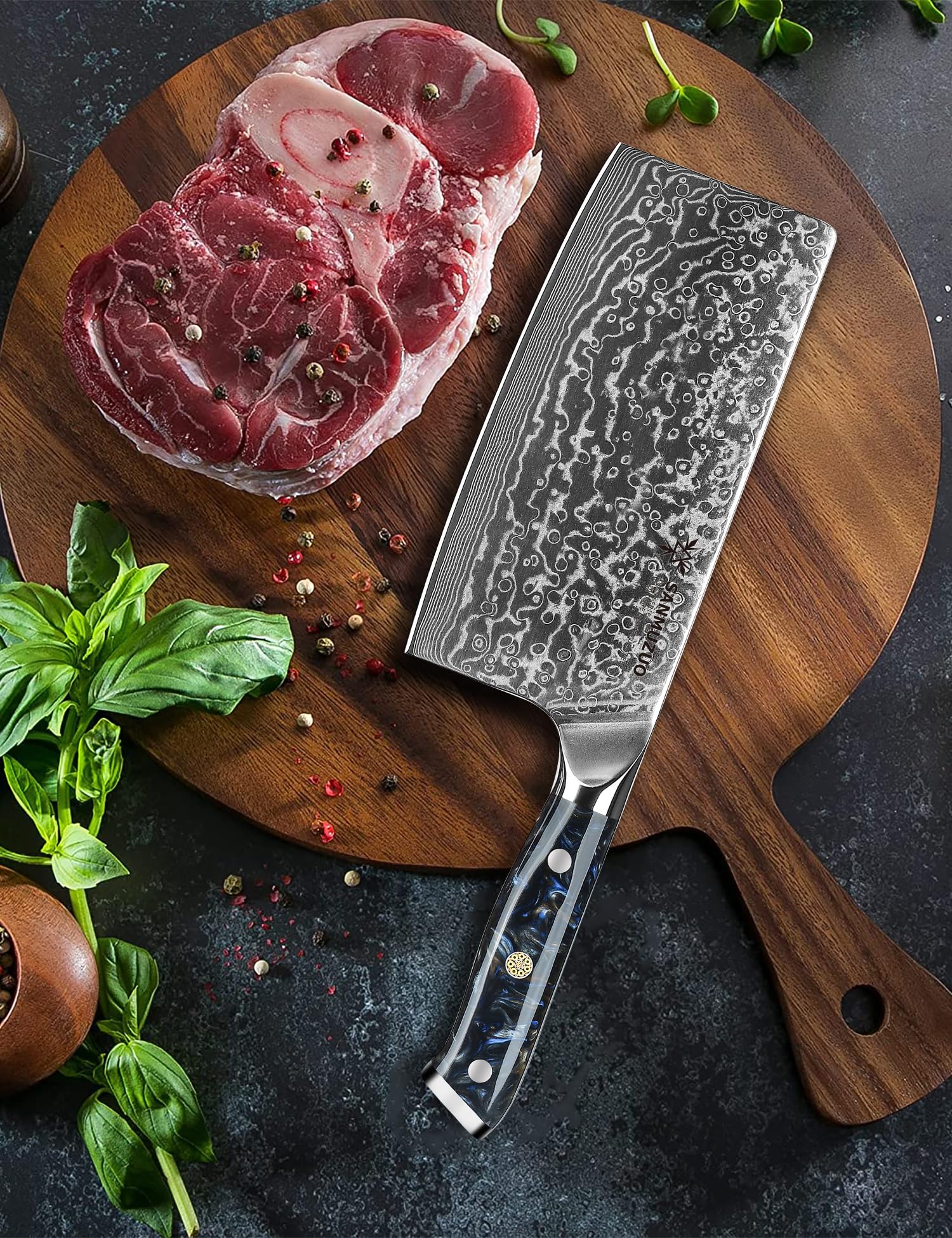 Coltello da Chef Cinese Professionale - Coltello da Cucina 18 cm, Acciaio Damasco 67 Strati - Impugnatura Ergonomica Resina - Xuan Series(Nero Stellato)