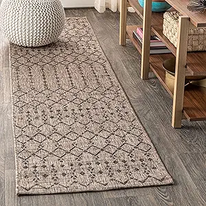 JONATHAN Y SMB108D-28 Ourika Moroccan Geometric Textured Weave Indoor Outdoor Area Rug, Bohemian, Rustic, Scandinavian Easy Cleaning,Bedroom,Kitchen,Backyard,Patio,Non Shedding, Natural/Black, 2 X 8