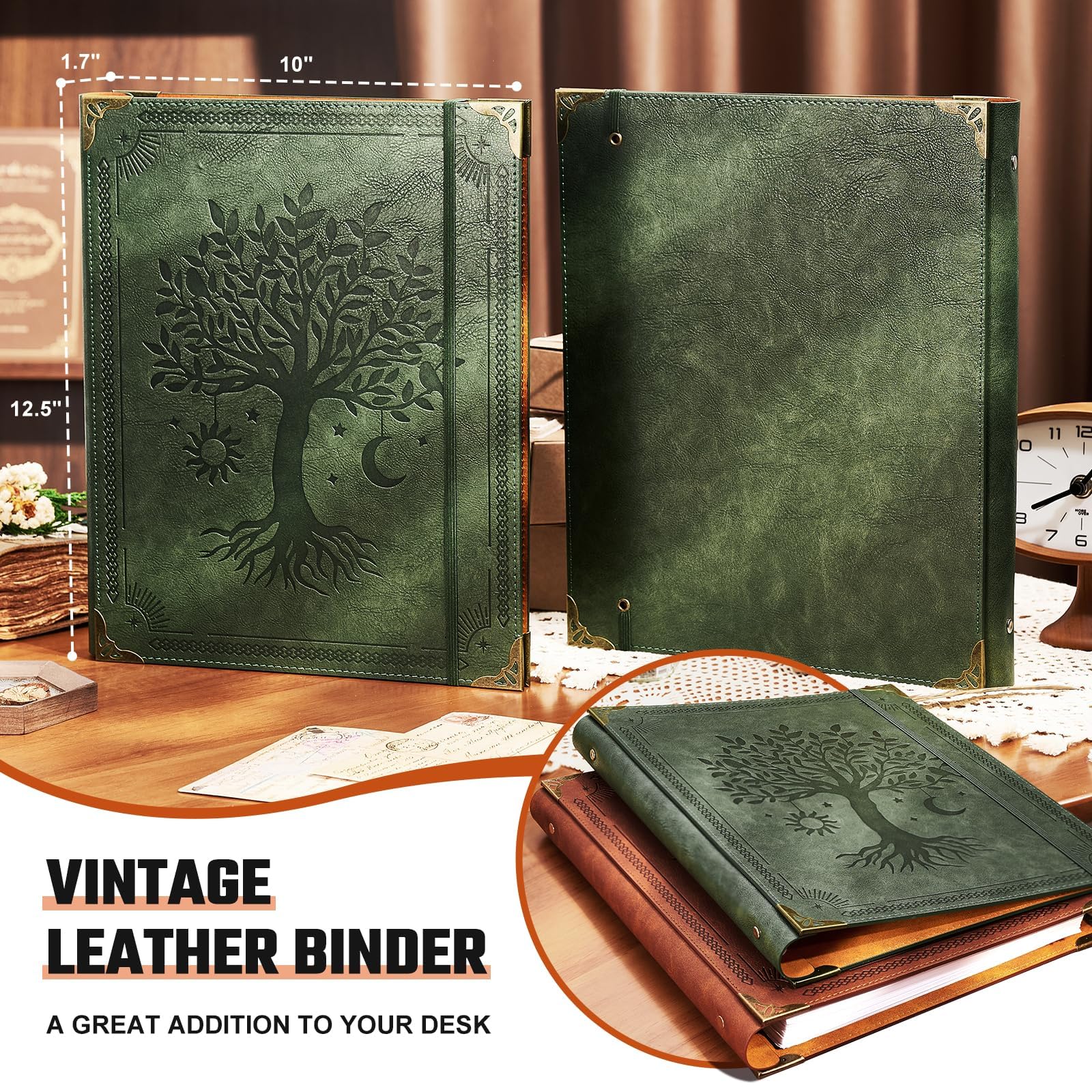 Leather 3 Ring Binder Fits 8.5"x11" Letter Size Paper, 1 Inch Round Ring Binder Holds 200 Sheets, Notebook Cover Loose Leaf Organizer, Green Tree