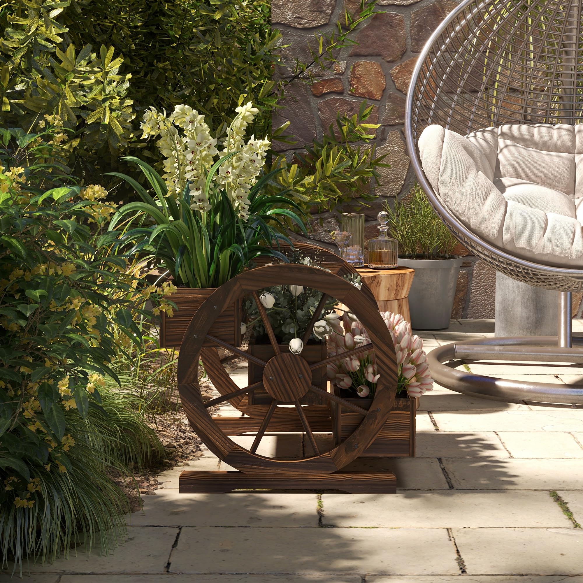 Outsunny Jardinière sur Pieds carré Potager 3 étages Style Rustique Chic avec 2 Roues Charrette Bois Sapin, Trous de Drainage, dim. 62L x 61l x 57H cm Marron