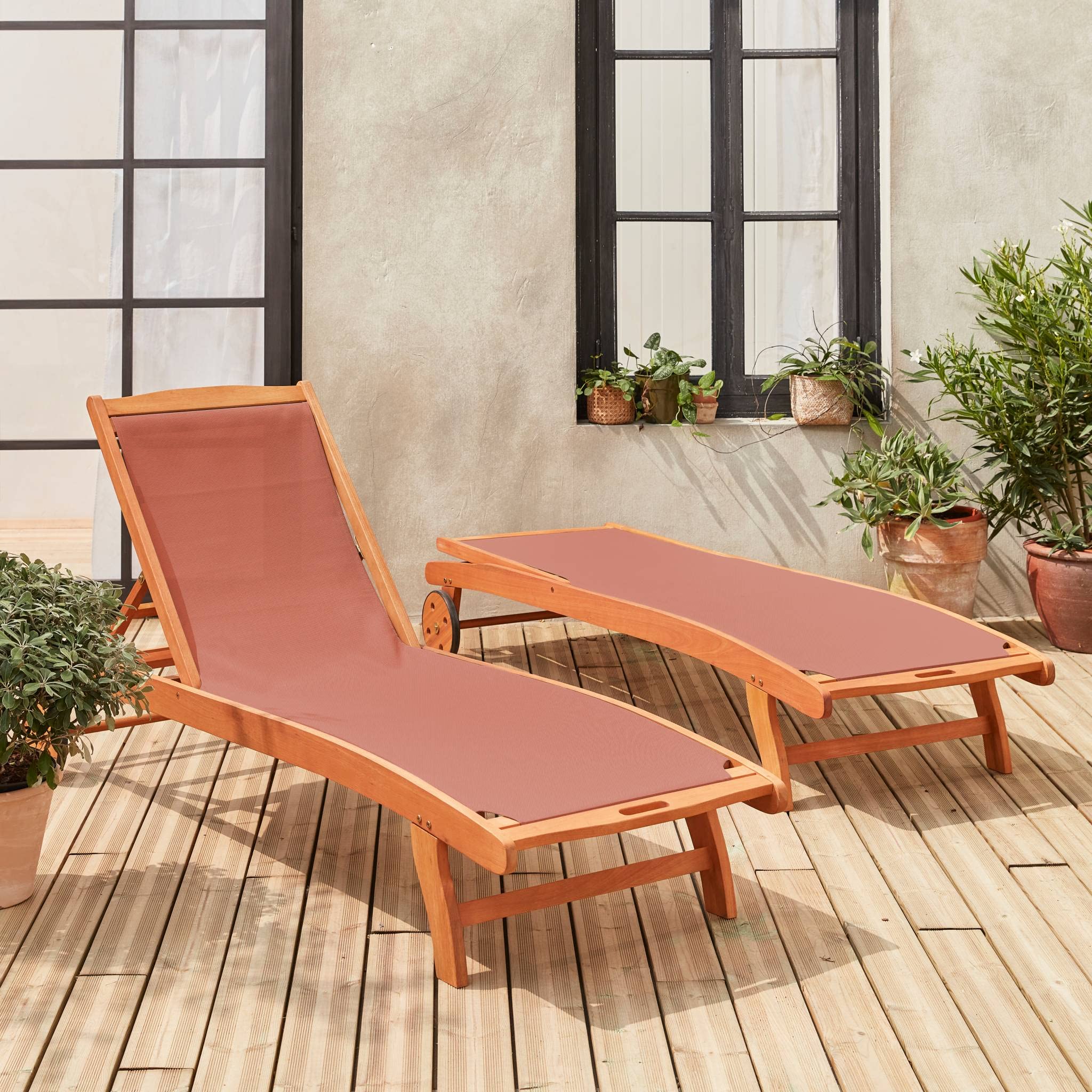 Alice's Garden sweeek-Tumbona de Madera multiposición con Ruedas, Set de 2 Terracota - 196x68x91 cm | Marbella