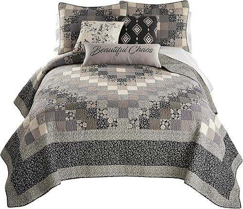 Miniatura 5 de Donna Sharp - Juego de ropa de cama tamaño King, 3 piezas, cuadrado ahumado, juego de edredón contemporáneo de algodón con edredón King y dos fundas