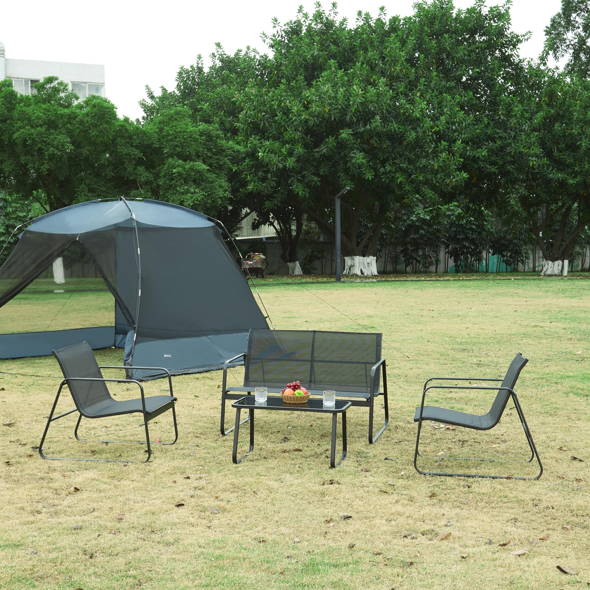 casa.pro Conjunto de Muebles de Jardin Exterior 4 Piezas - 1 Mesa de Centro 1 Sofá de Plazas 2 Sillas con Reposabrazos- Muebles de Terraza Acero/Crista Templadol/Textileno - Negro