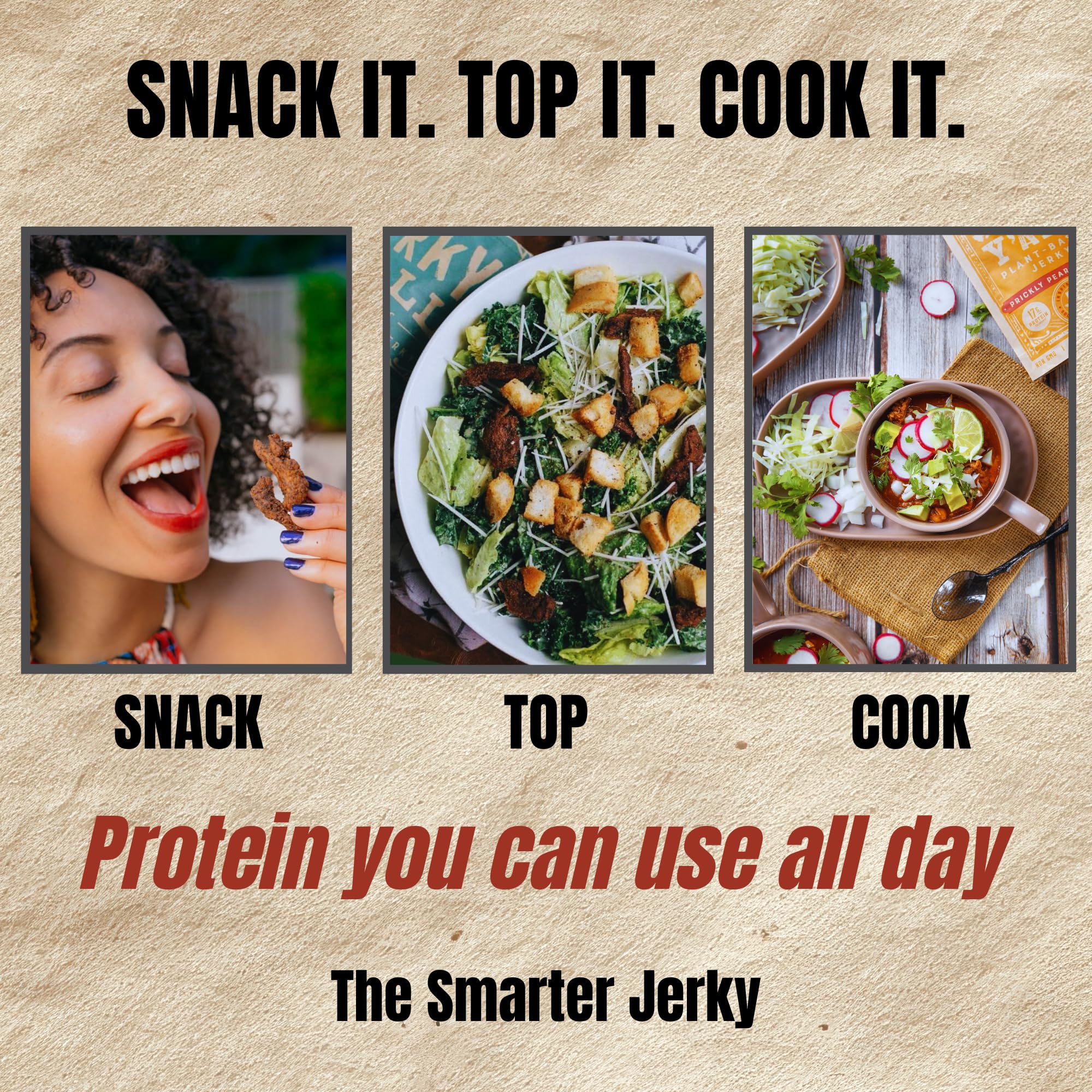 It’s Jerky Y’all Confezione Jerky Vegetale 3 Gusti – Snack Proteico di Soia Vegano nei Gusti Prickly Pear Chipotle, Black Pepper & Sea Salt e Prickly Pear Teriyaki – Vegan, Senza Glutine, Non-GMO