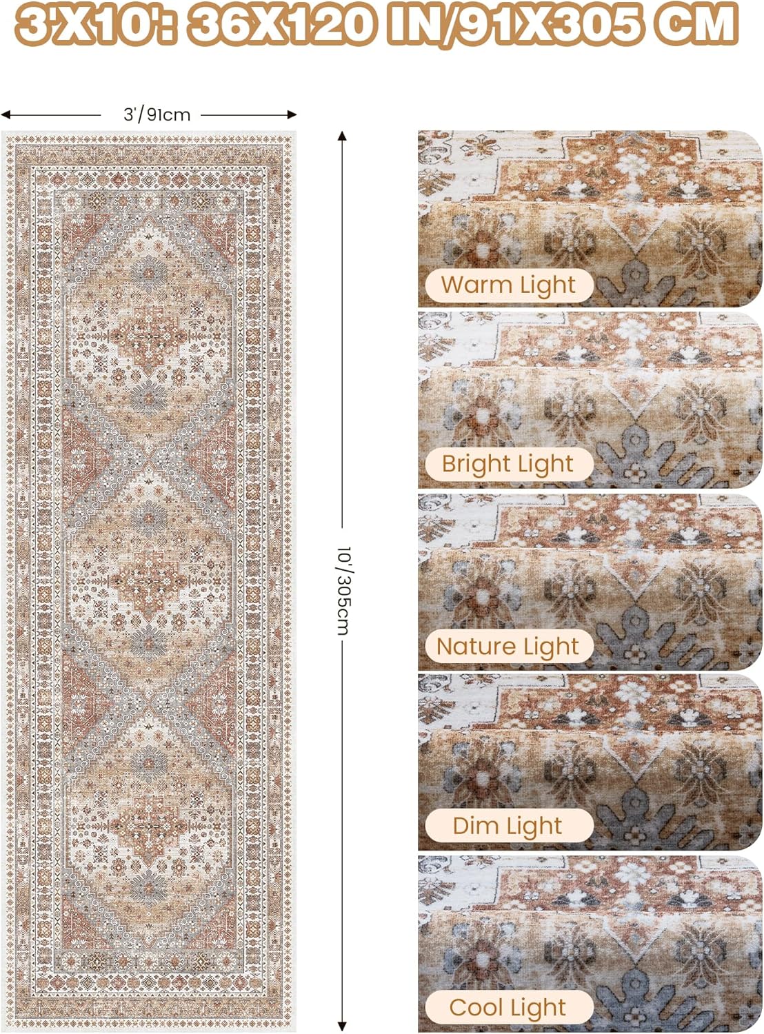 3x10 Runner Rug Non Slip Washable for Entryway, Front Porch, Vintage Hallway Runner for Laundry Room, Bedroom, Stain Resistant Thin Indoor Kitchen Mats for Floor(Orange,3'x10') Orange 3' x 10' (Runner)